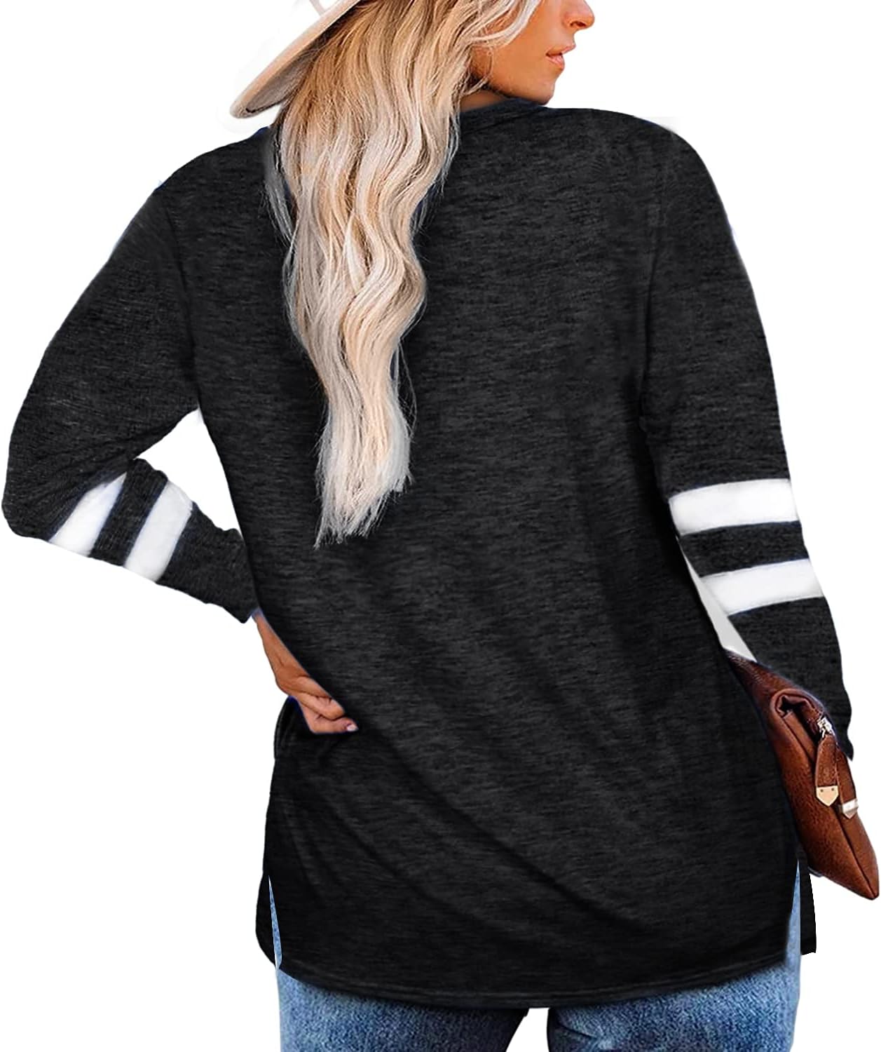 Gloria&Sarah Womens Plus Size Tops V Neck T Shirt Color Block Long Sleeve Casual Tunic Tops - Image 2