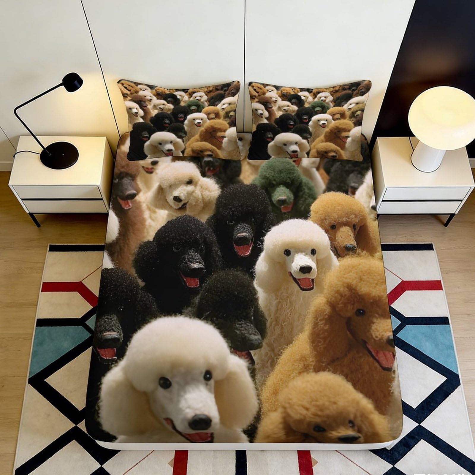 3D Printed Poodle Dog Fitted Sheet Microfiber Soft Anti-Slip Cartoon Animal Bed Sheet for Bedroom Dorm Protective Decor, Easy Care 90x200x25cm