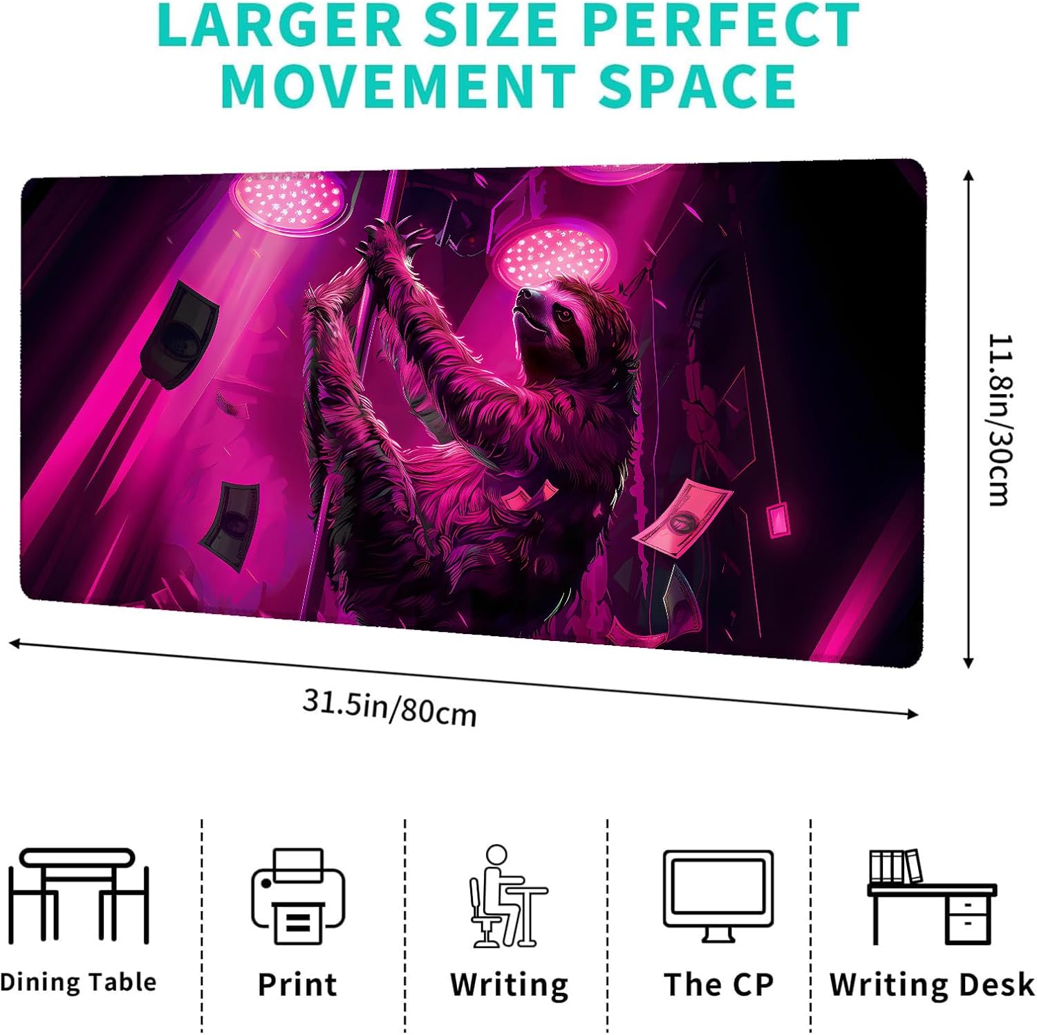 Cool Sloth Gaming Mouse Pad,12x31.5in Non-Slip Rubber Animal Desk Mat,Large Extended Mousepad for Office Home Laptop,Mice Pads Gifts,Game Lover Deskmat Decor (Dark Purple)