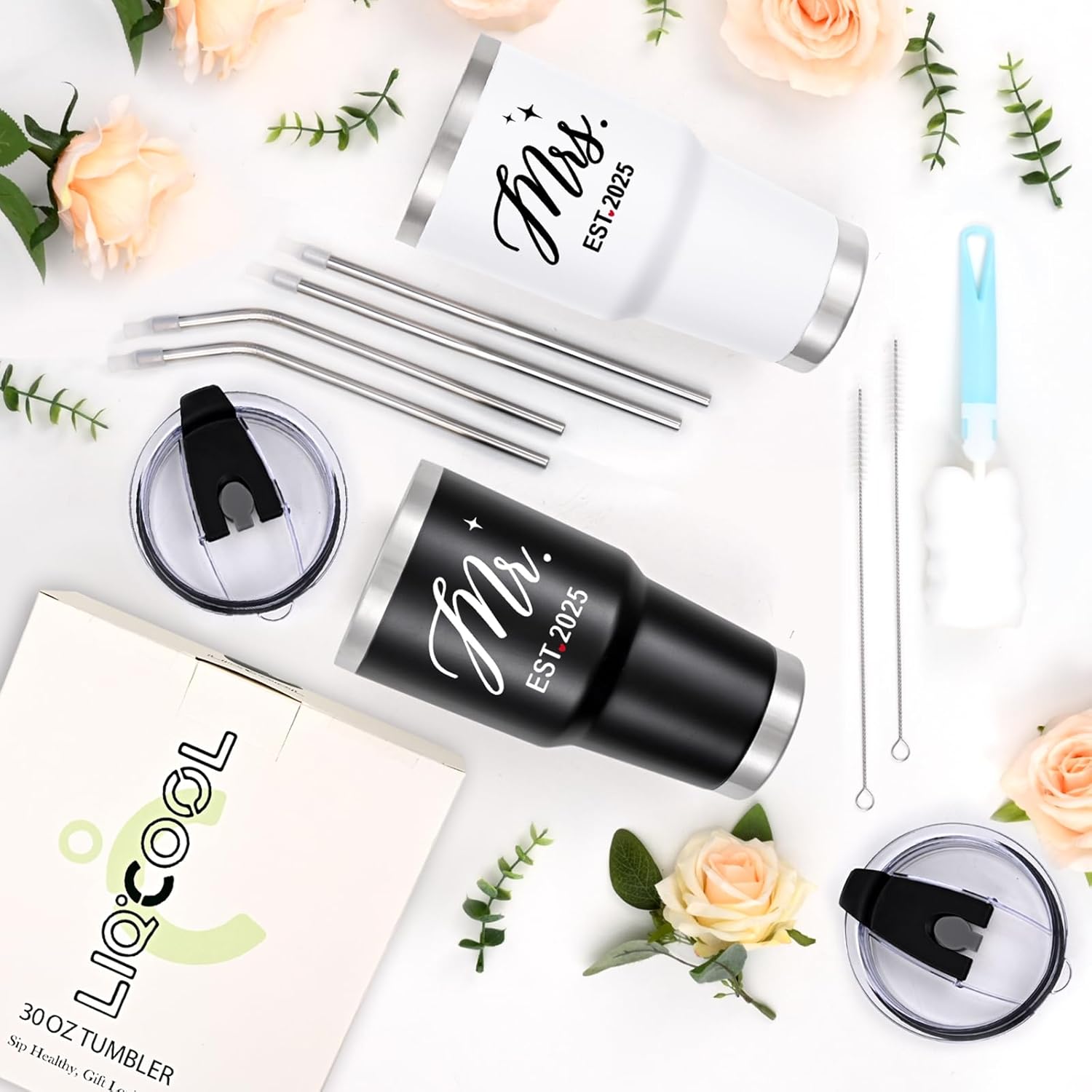 LiqCool Mr & Mrs EST 2025 Tumbler Set - 30oz Black & White Stainless Steel Insulated Mugs - Ideal for Anniversary, Engagement, Wedding Gifts for Couples 2025 - Image 6