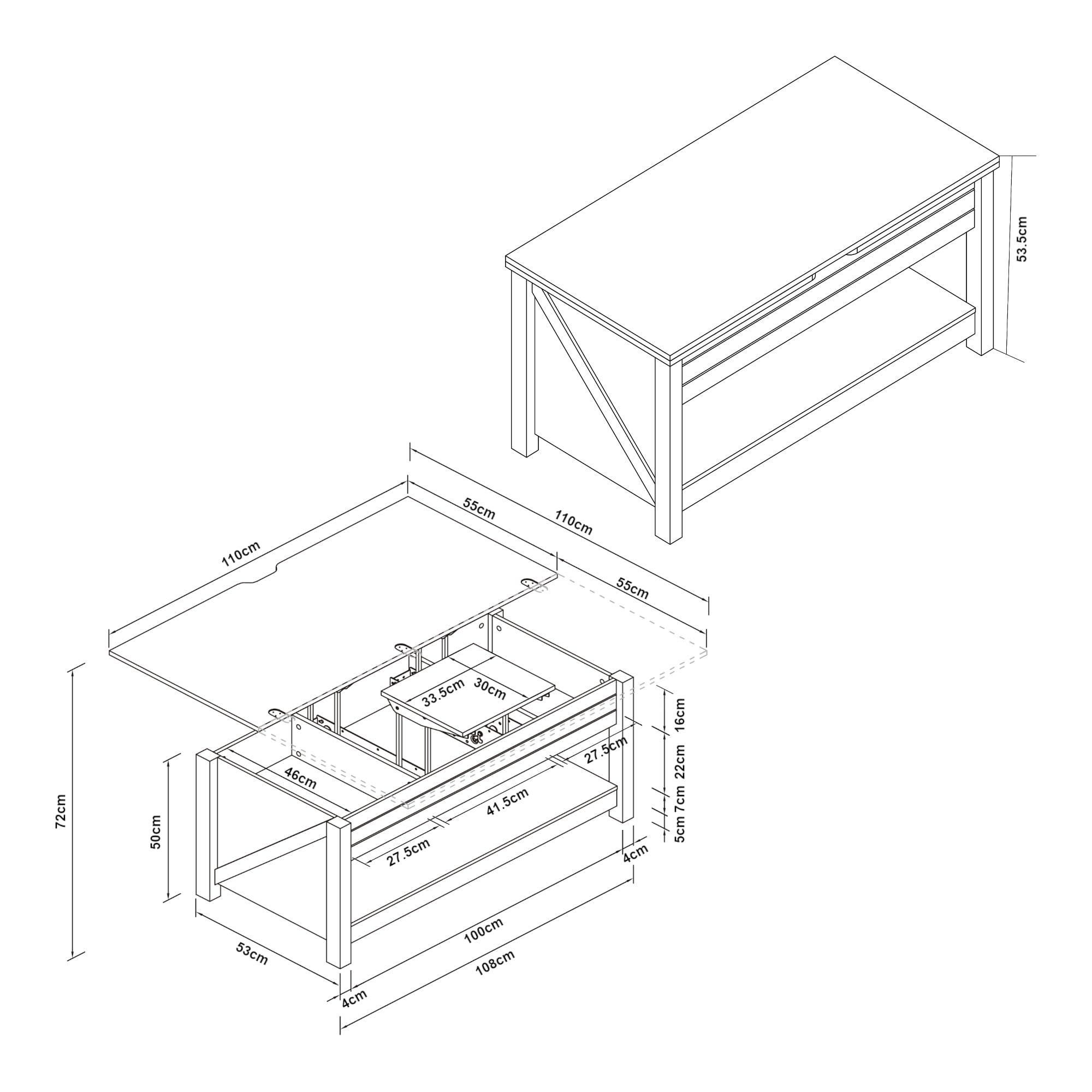[en.casa] Table Basse de Salon avec Plateau Relevable Compartiment de Rangement Étagères Piètement Stable Panneau de Particules 110 x 55 x 54 cm Effet Noyer Blanc