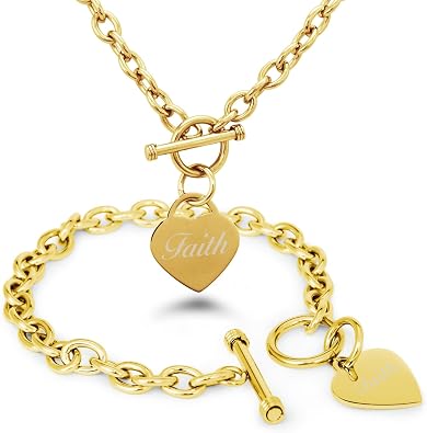 Stainless Steel Engraved Faith Heart Charm Bracelet and Necklace
