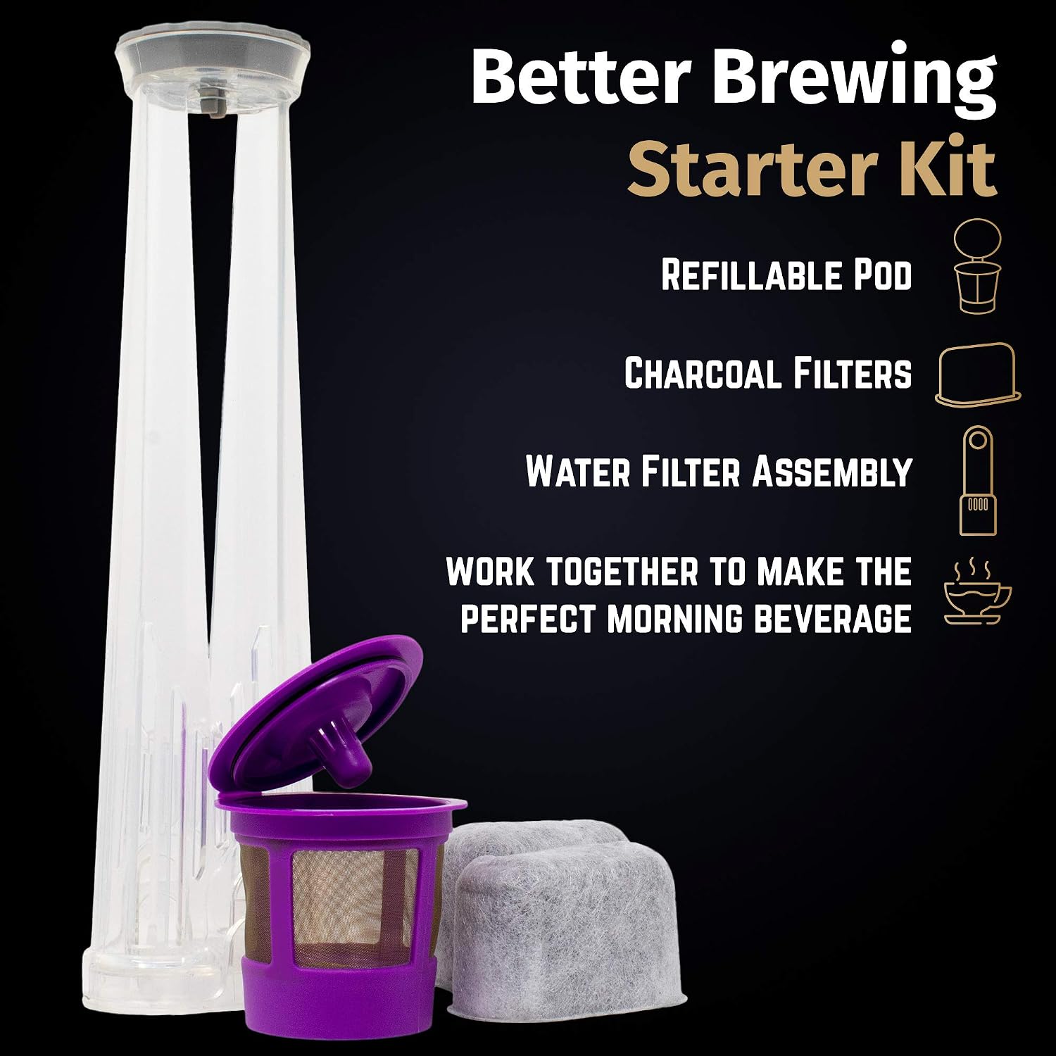 iPartsPlusMore 2.0 Water Filter Starter Kit | Includes Reusable Kcup Filter & Replacement Charcoal Water Filters | BPA-Free | Removes Water Impurities & Protects Brewing System