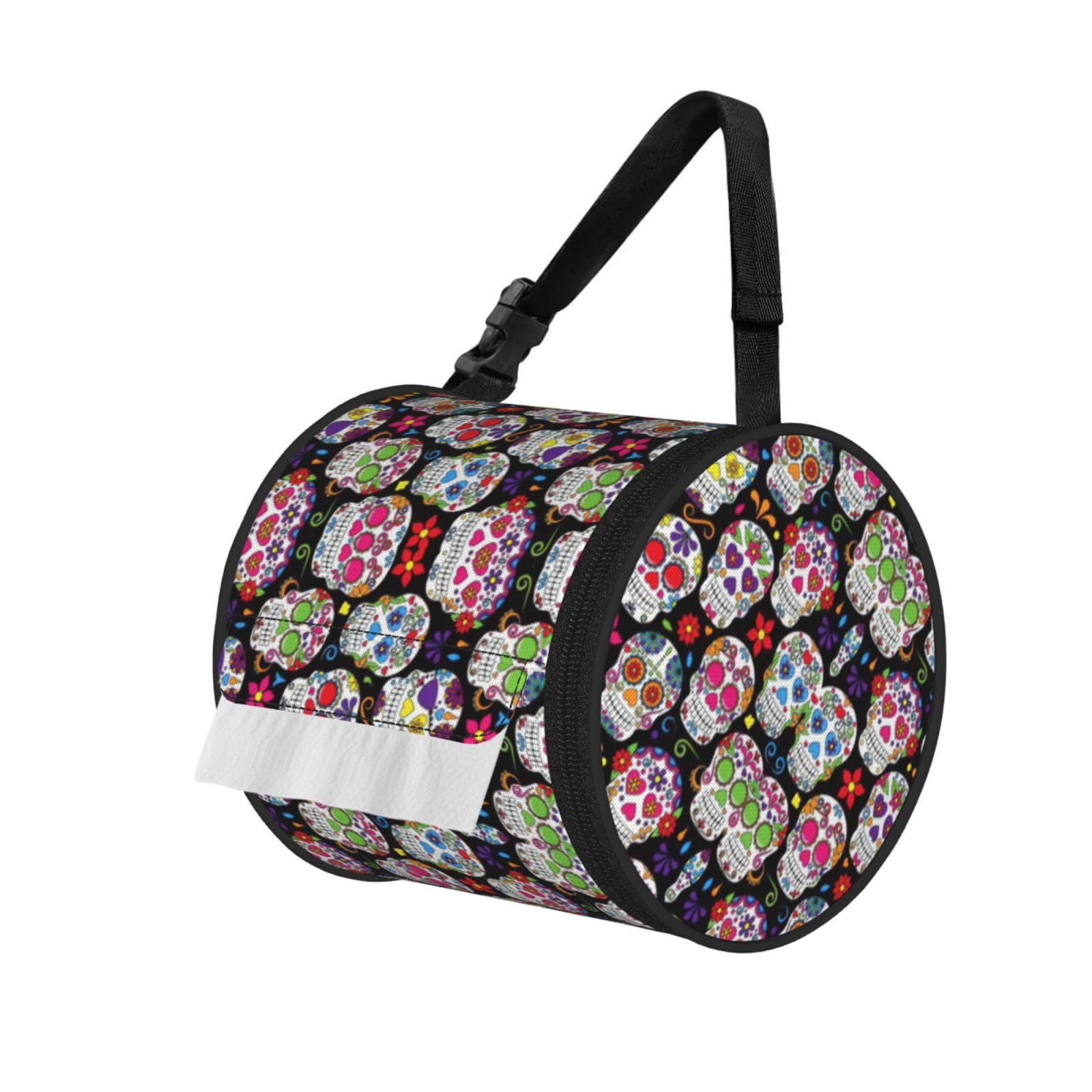Sugar Skulls Print Cylinder Tissue Holder Bag With Strap, Portable Roll Dispenser Case For Car Rv Camping