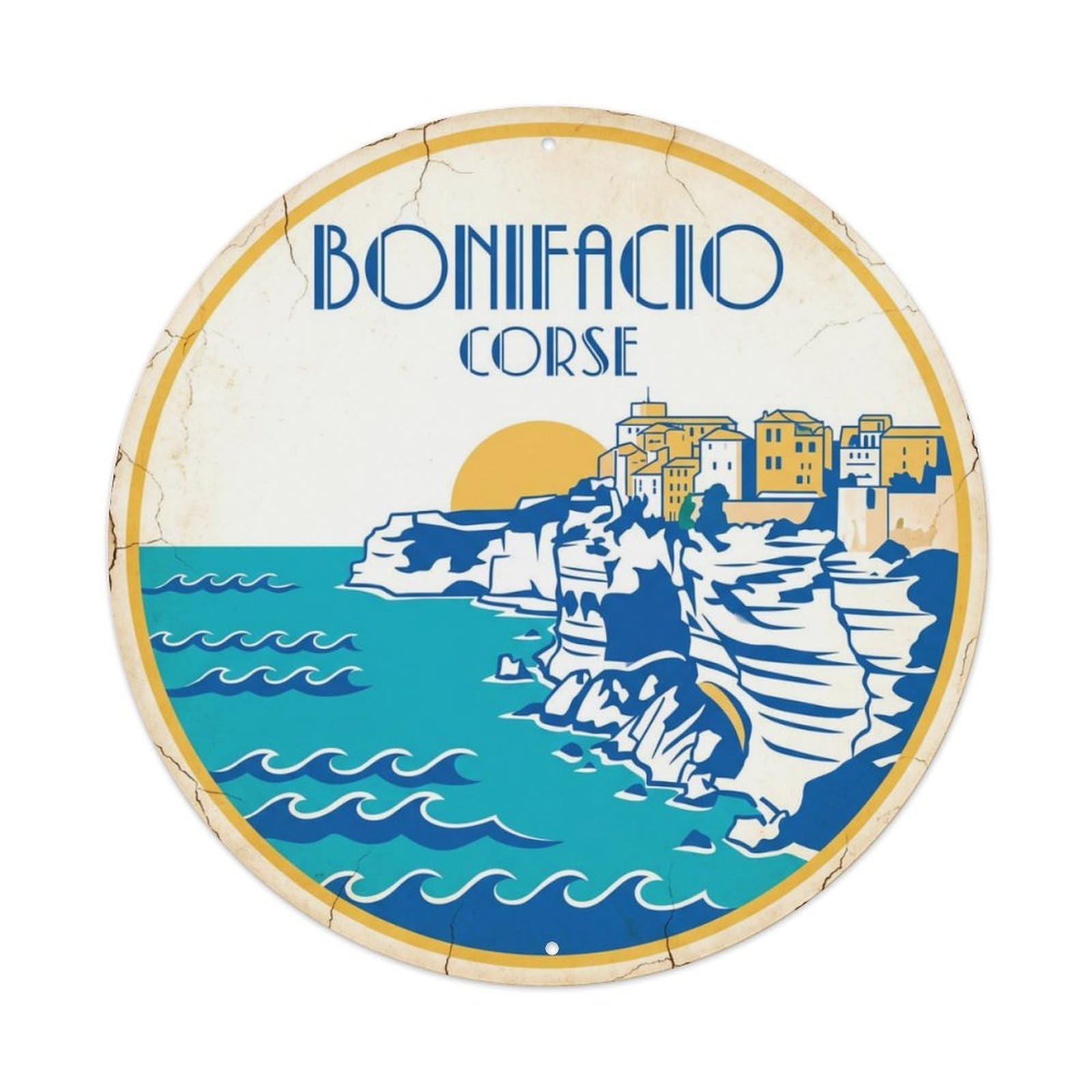 Vintage Travel Bonifacio Corsica Cliffs Metal Tin Sign Plaque Wall Decor for Cafe, Club Bar, Office, Home Garden Round Metal Poster 8x8Inch