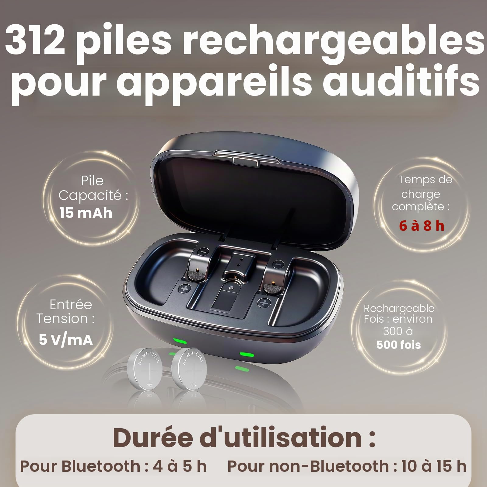 Batteries rechargeables 312 pour appareils auditifs et chargeur USB-C avec 4 cellules, alimentation longue durée pour appareils auditifs Bluetooth et non Bluetooth, étui compact portable