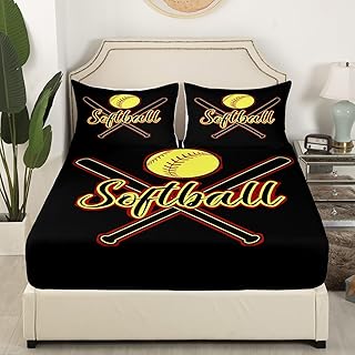 Homewish Softball Bedding Set Twin Size Sports Game Bed Set for Girls Teens Bedroom Decor Kids Sport Softball Fitted Sheet Soft Microfiber Yellow Black Red Bed Cover(1 Fitted Sheet+1 Pillow Case)