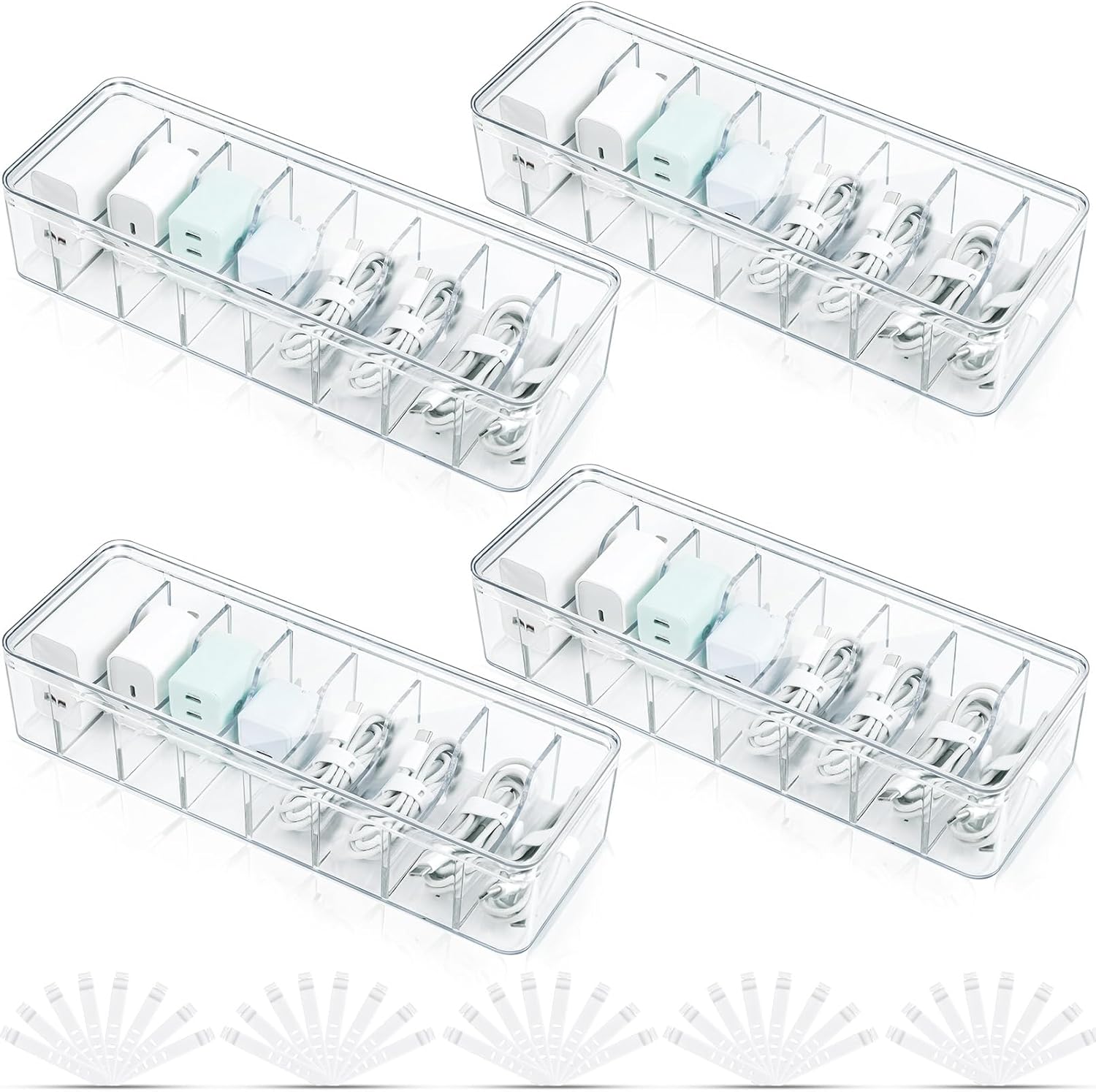 4 Pack Cable Organizer Box, Plastic Cord Storage Box with Lid, Clear Cord Organizer with 8 Compartments and 40 Wire Ties, Charger Organizers for Home Office Drawer Desk Accessories