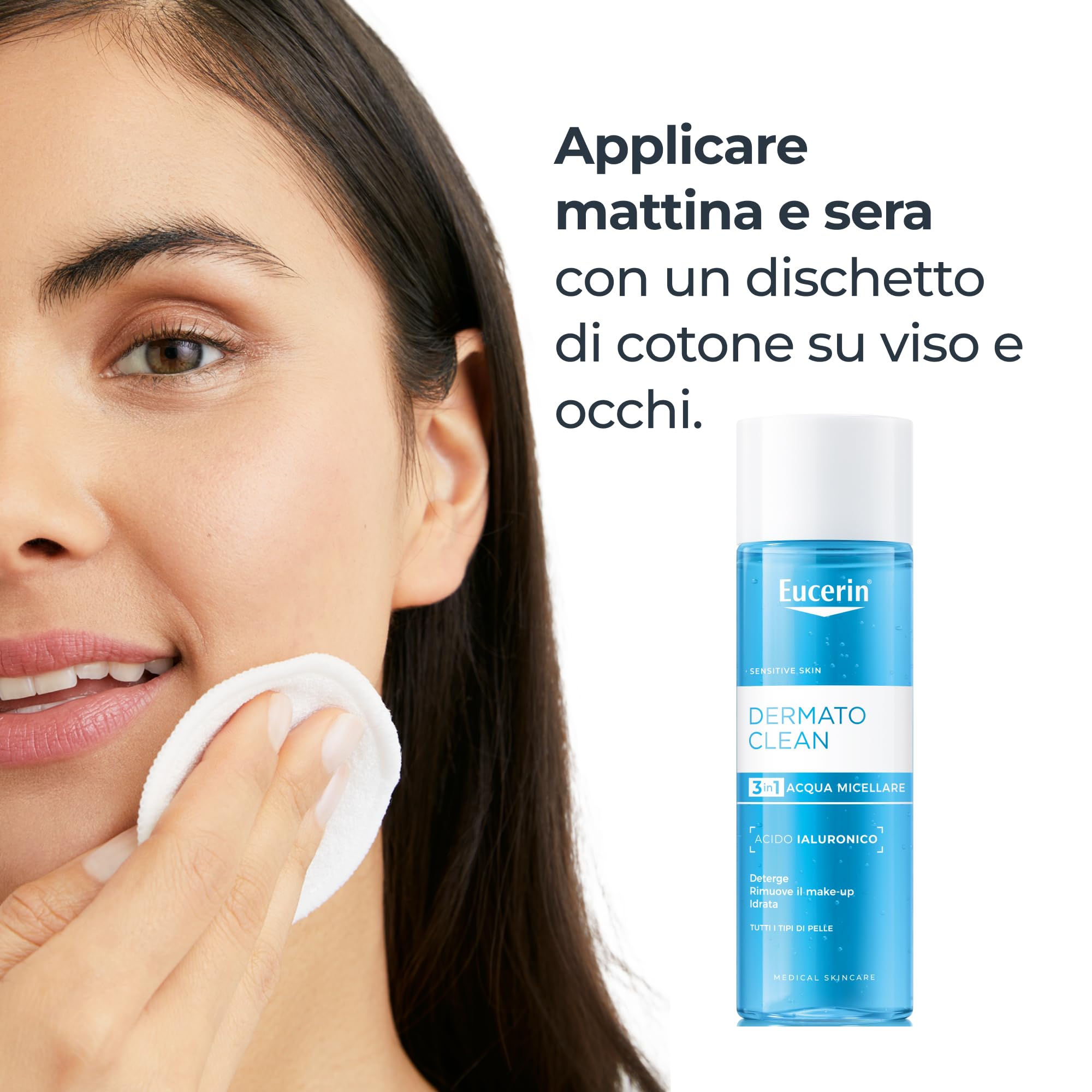 Eucerin DermatoClean Acqua Micellare 3in1 200 ml, Detergente viso struccante viso e occhi per make-up waterproof, Con Acido Ialuronico, Senza profumo, Per tutti i tipi di pelle, anche sensibile