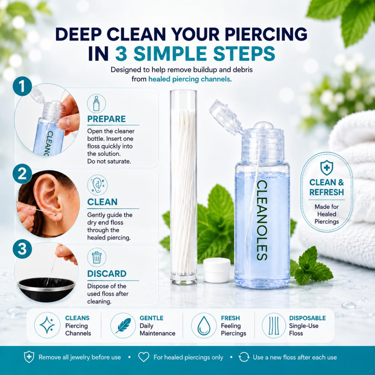 Cleanoles Kit de 70 fils dentaires de qualité spa avec solution de nettoyage de 25 ml, outil de nettoyage portable pour l'élimination des odeurs.