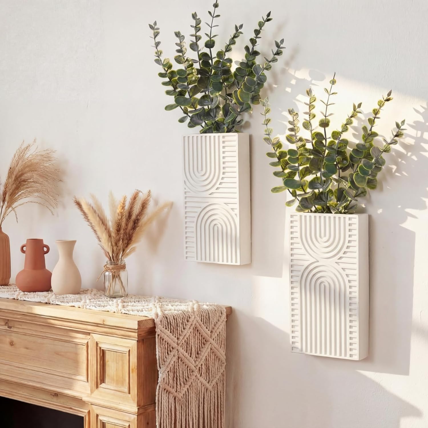 2 Pack Modern Farmhouse Wall Decor Wood Planter Vase with Artificial Eucalyptus Farmhouse Bohemian Hanging Wall Decor for Bathroom Dinning Room Living Room Hallway Bedroom(White)