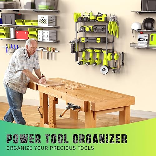 Miniatura 7 de SUNALLY Organizador de herramientas eléctricas, soporte de pared para 4 taladros, organizador de herramientas de garaje y almacenamiento con soporte
