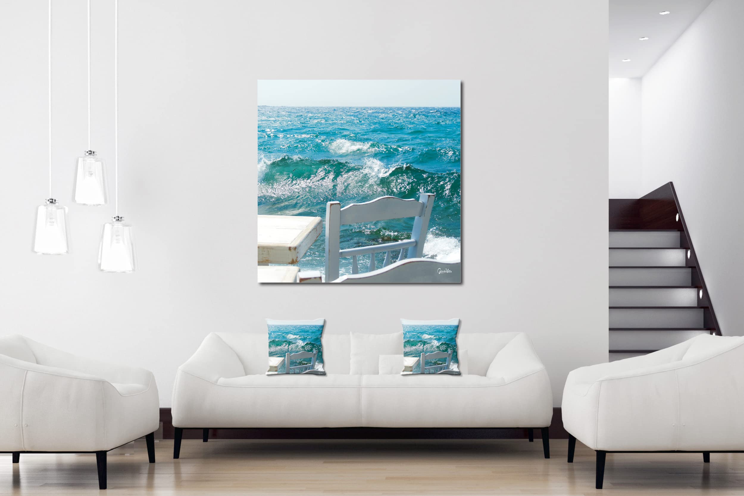 Mykonos - Foto-Kissen-Hülle Set (2 STK.) 40 x 40 cm | Kissen-Bezüge - passend zu Wandbild - Deko-Kissen - Hafen Taverne Ägäis Kykladen