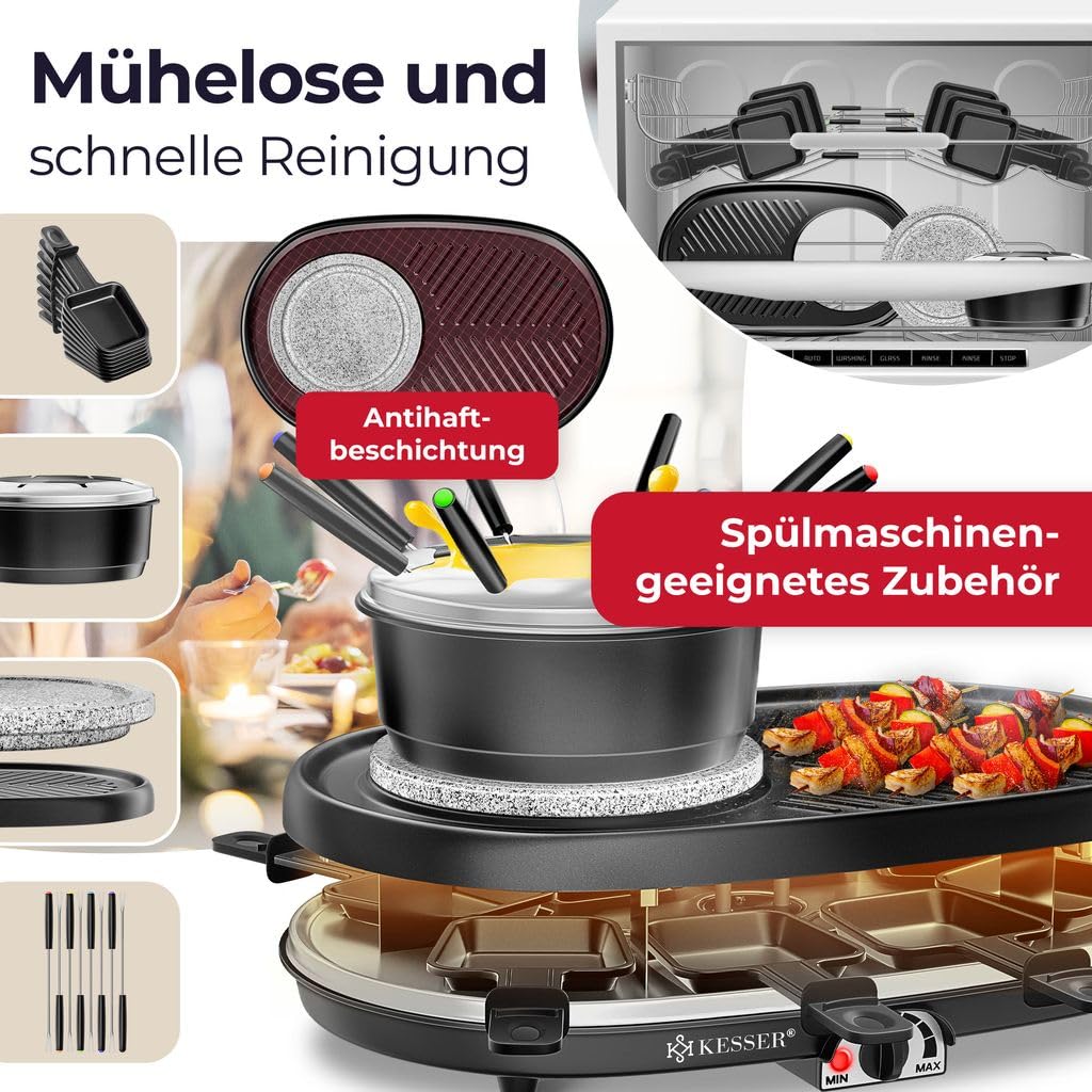 KESSER Grill do raclette 3 w 1 z naturalnym kamieniem grillowym, płytą grillową i fondue, grill stołowy dla 8 osób, grill elektryczny raclette