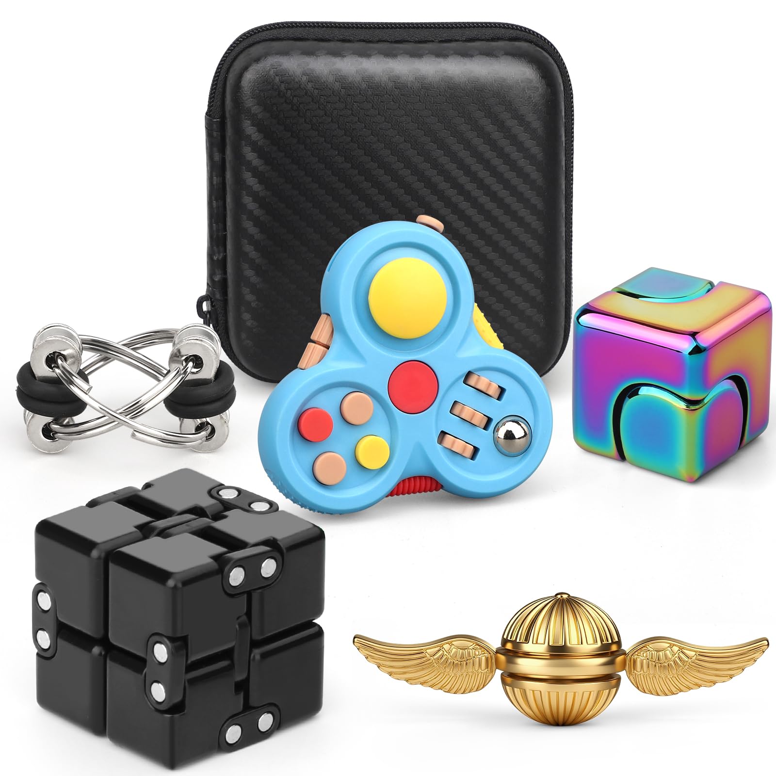 Fidget Toys Set for Kids Adults, Sensory Pack with Fidget Chain, Infinity Cube, Fidget Spinner Cube, Metal Orb Sphere, Fidget Pad, Office Desk Gadget, Christmas Basket Fillers Birthday Gift 5 Pack