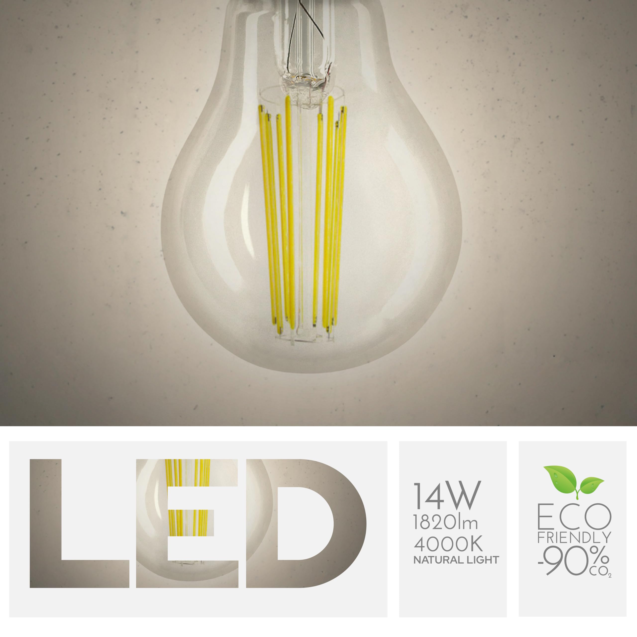 Bombilla Gota 14W Equivalente a 140W, E27, Cristal Transparente, 4000K Luz Natural, filamento LED recto, 1820 Lúmenes, Paquete de 10 unidades