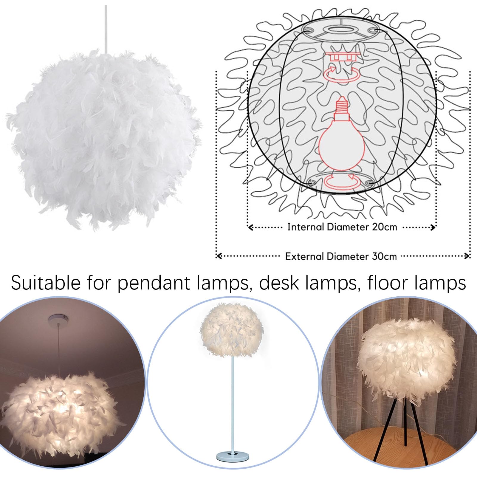 White Feather Lampshade,30CM Fluffy Feather Lampshade Lights for Table Floor Lamp,Room, Bedroom, Living - Image 4