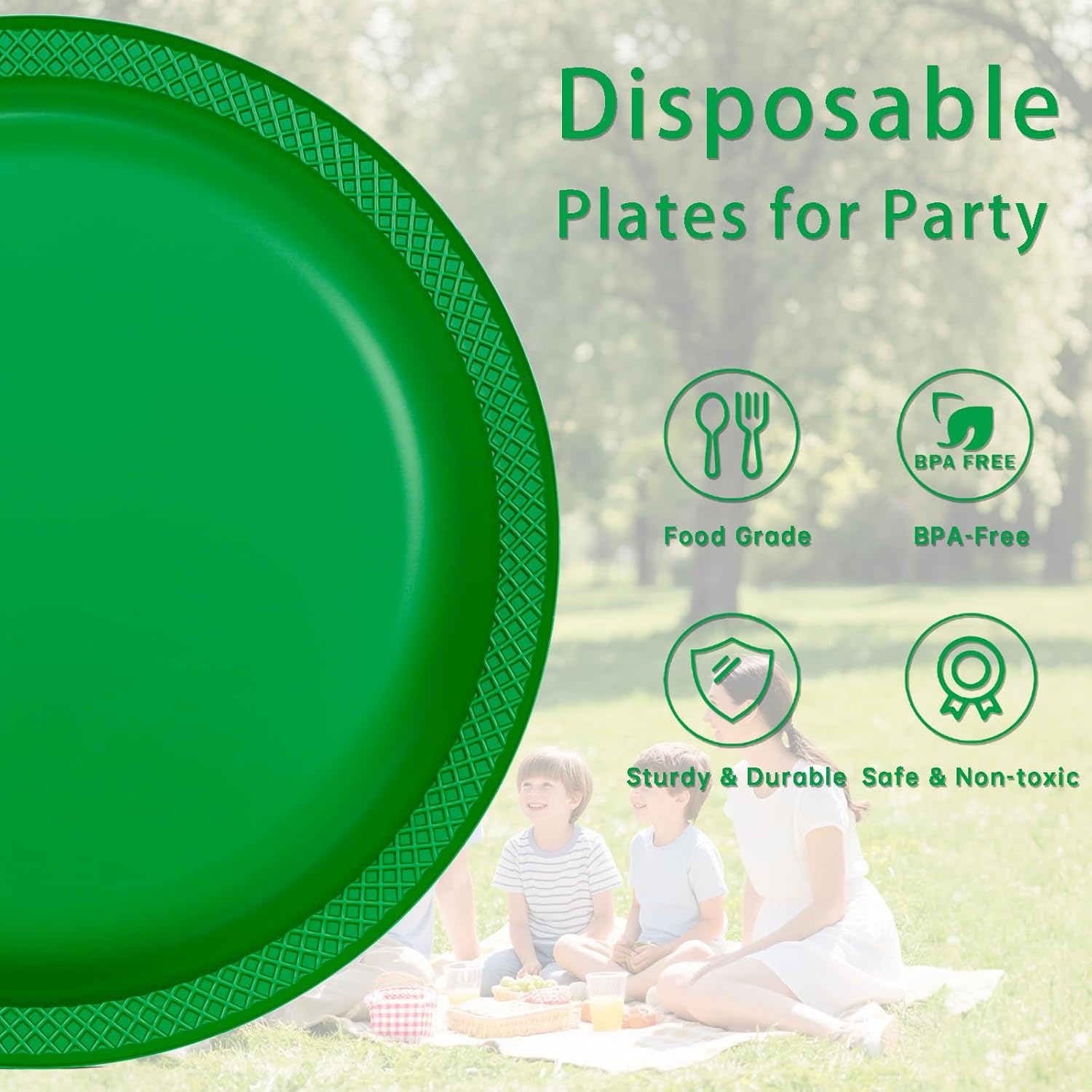 WELLIFE Green Plastic Plates 9 Inch 50 Count Disposable Plate for Party, Plates Dessert Plate for Dinner Cake Salad Supplies Birthday - Image 4