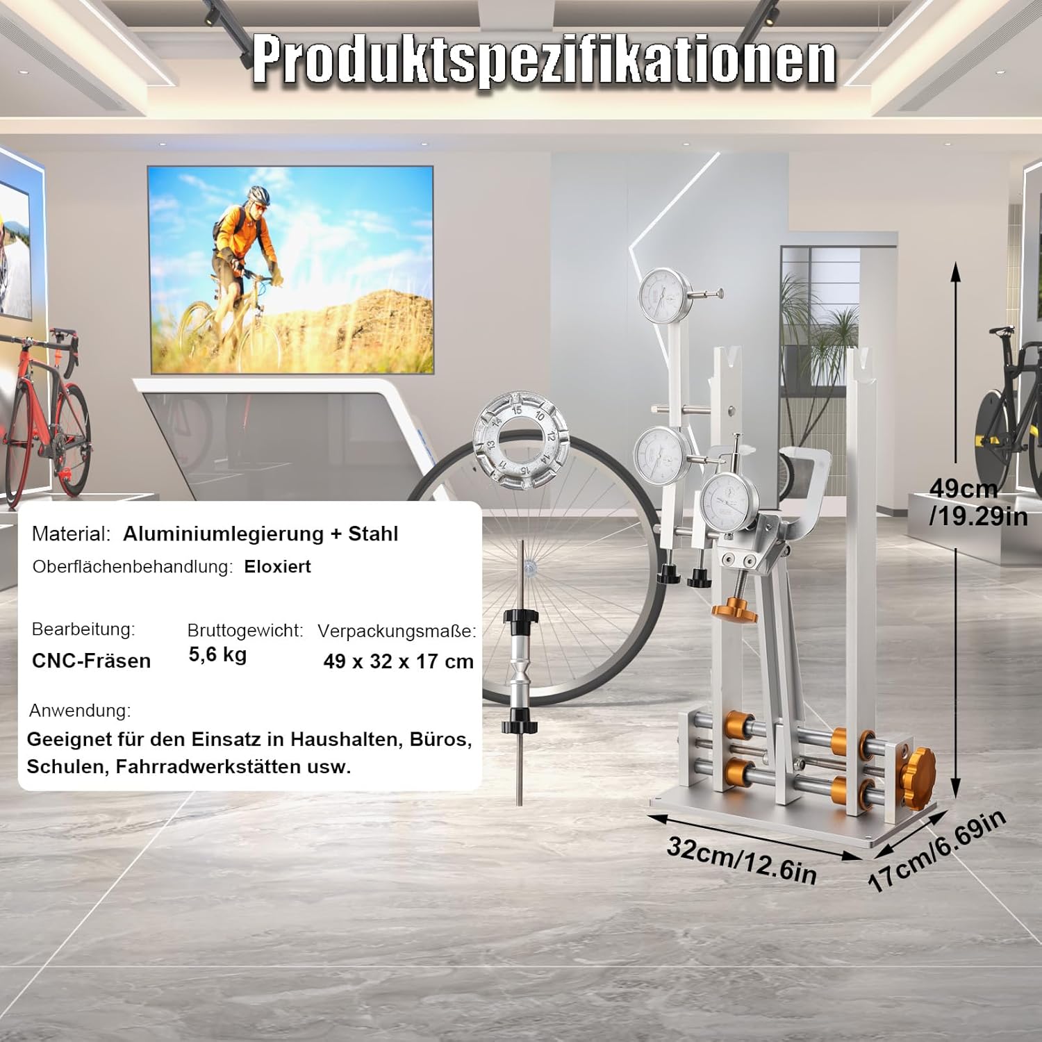 Bicycle Wheel Truing Stand, 10-29, Professional Repair Tool, AL7075 Anodized Surface, Accepts 50-200mm Rims, 3 Gauges, Bearing Mounted Shaft