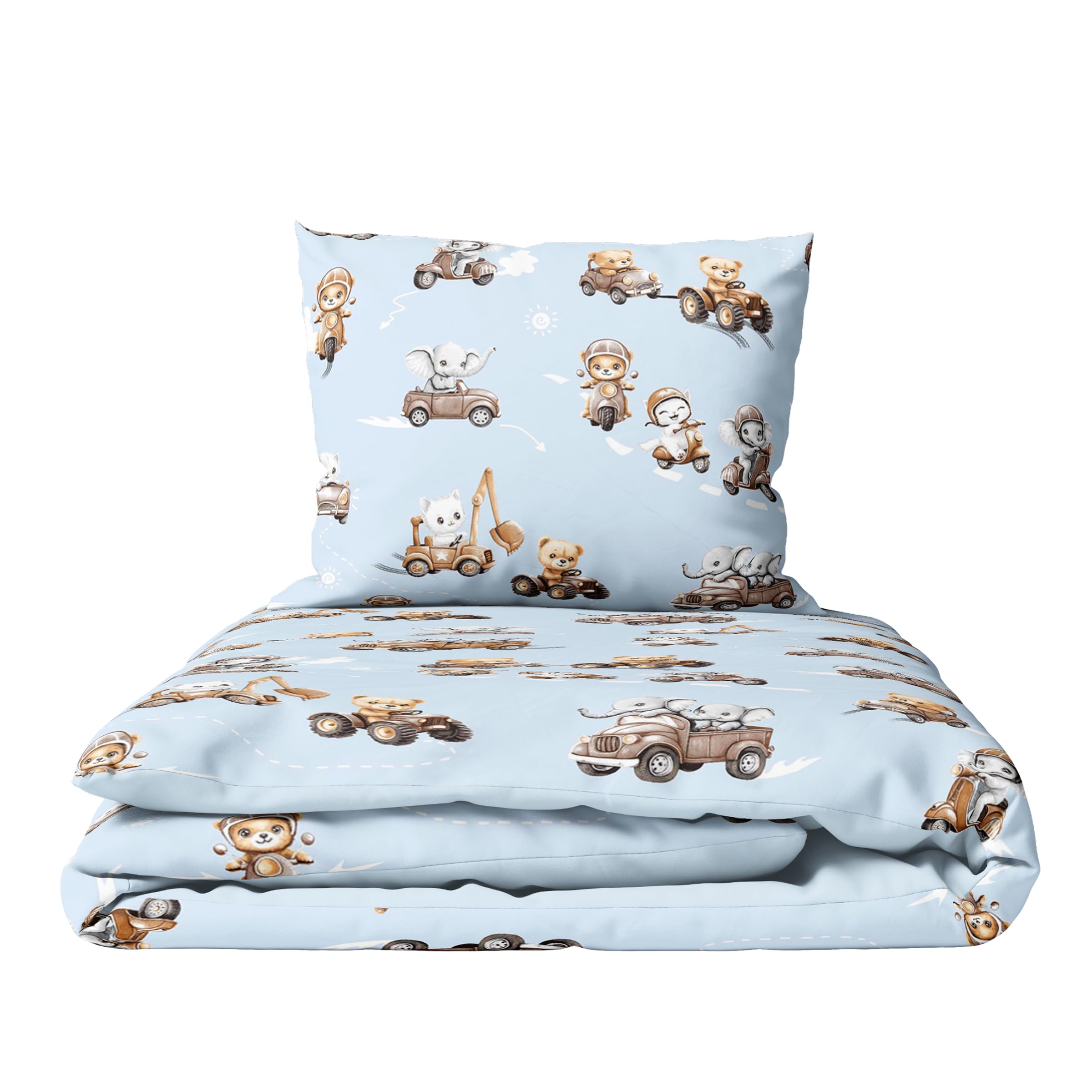 Baby Comfort 2-Piece Toddler Duvet & Pillow Set - 100x75 cm - 100% Cotton Breathable Fabric - Machine Washable Quilted Bedding for Cot Bed 12M+ (Animals in transport)