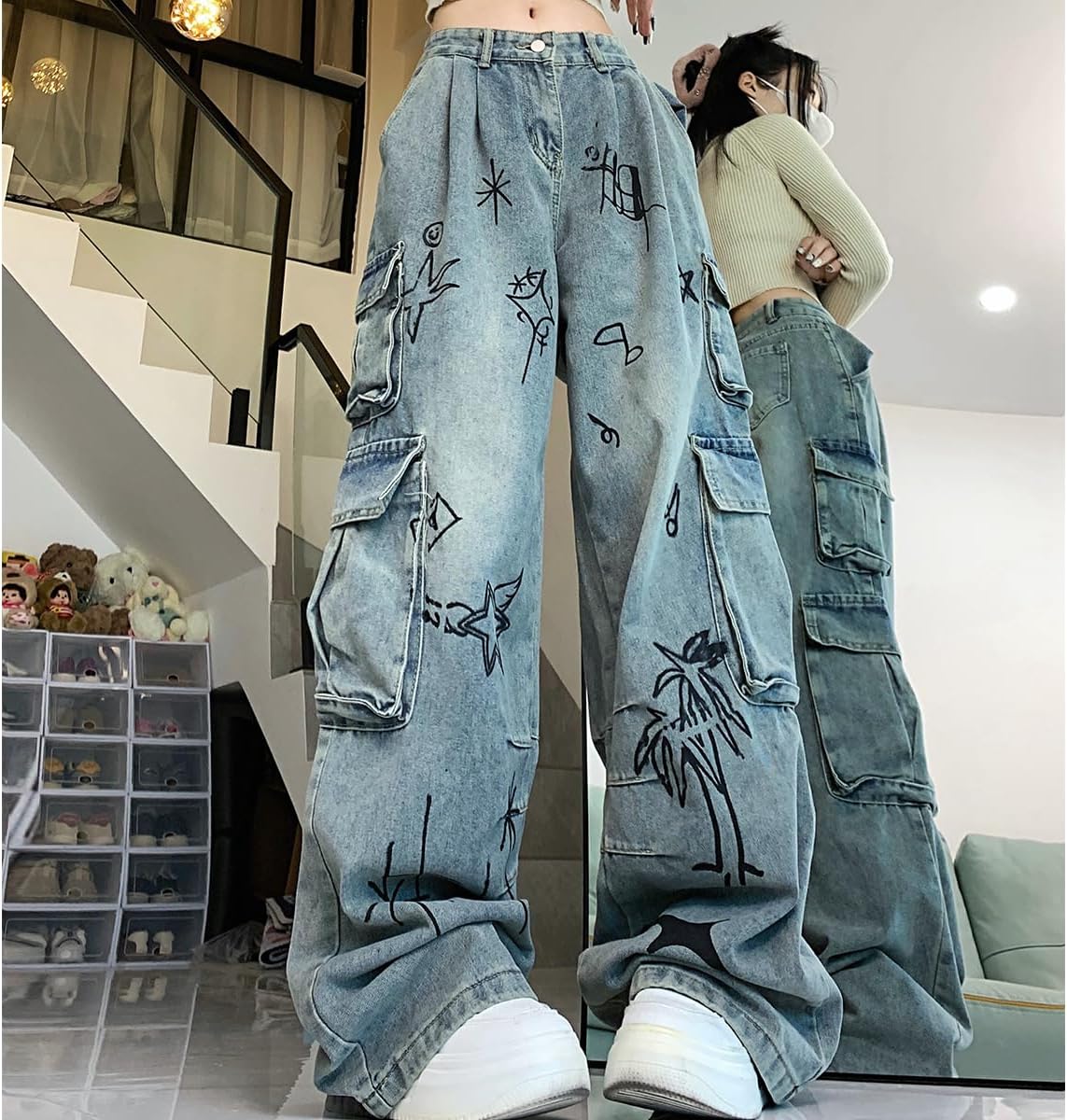 Y2K Fashion Straight High Waisted Wide Leg Jeans Casual Gradual Graffiti Patchwork Baggy Denim Pants - Image 3