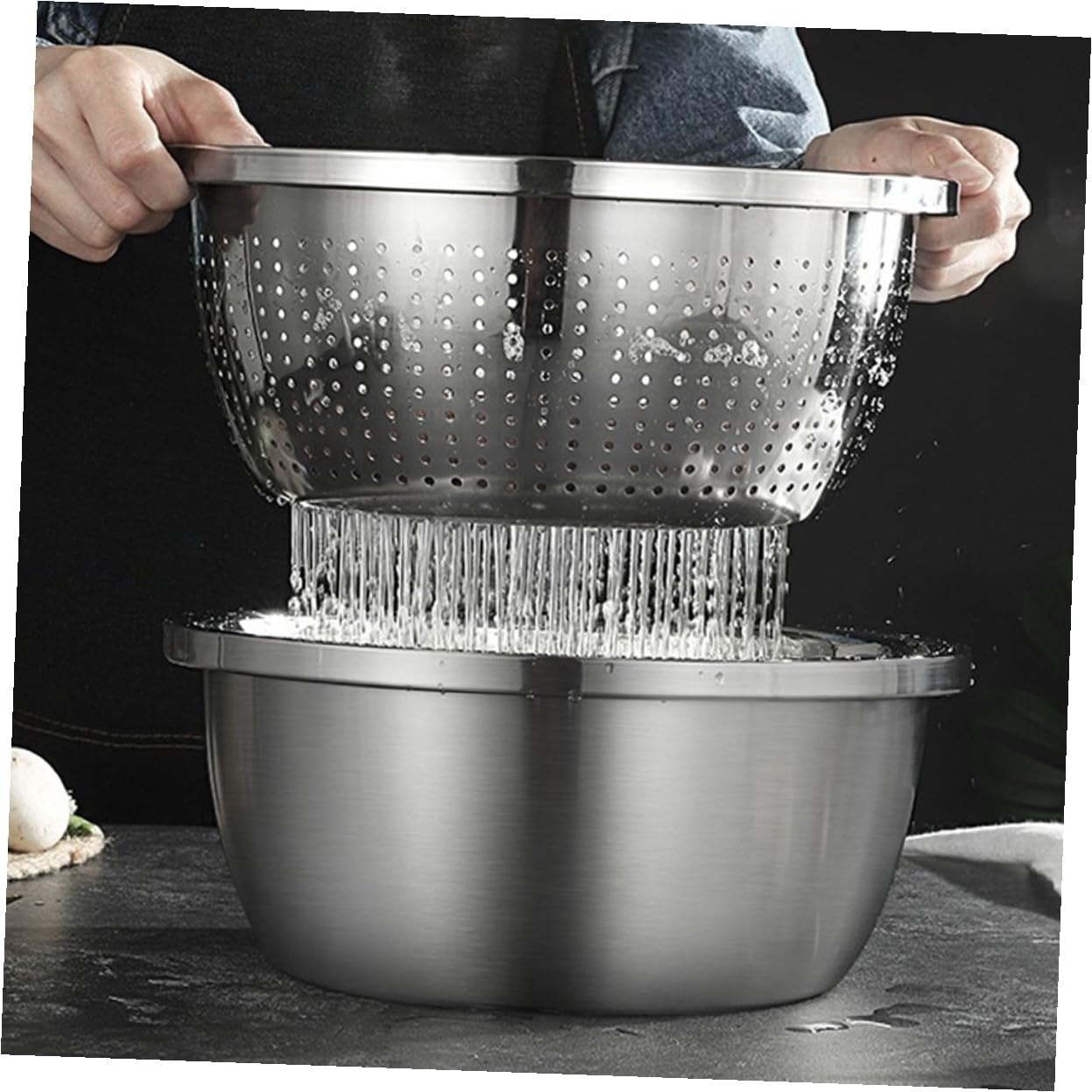 Colador Inoxidable de Acero Verduras Doble Capa | Plata, Malla Fina en Capa Interior, Portátil, para Lavar Fruta y Drenar Agua en Cocina o Camping