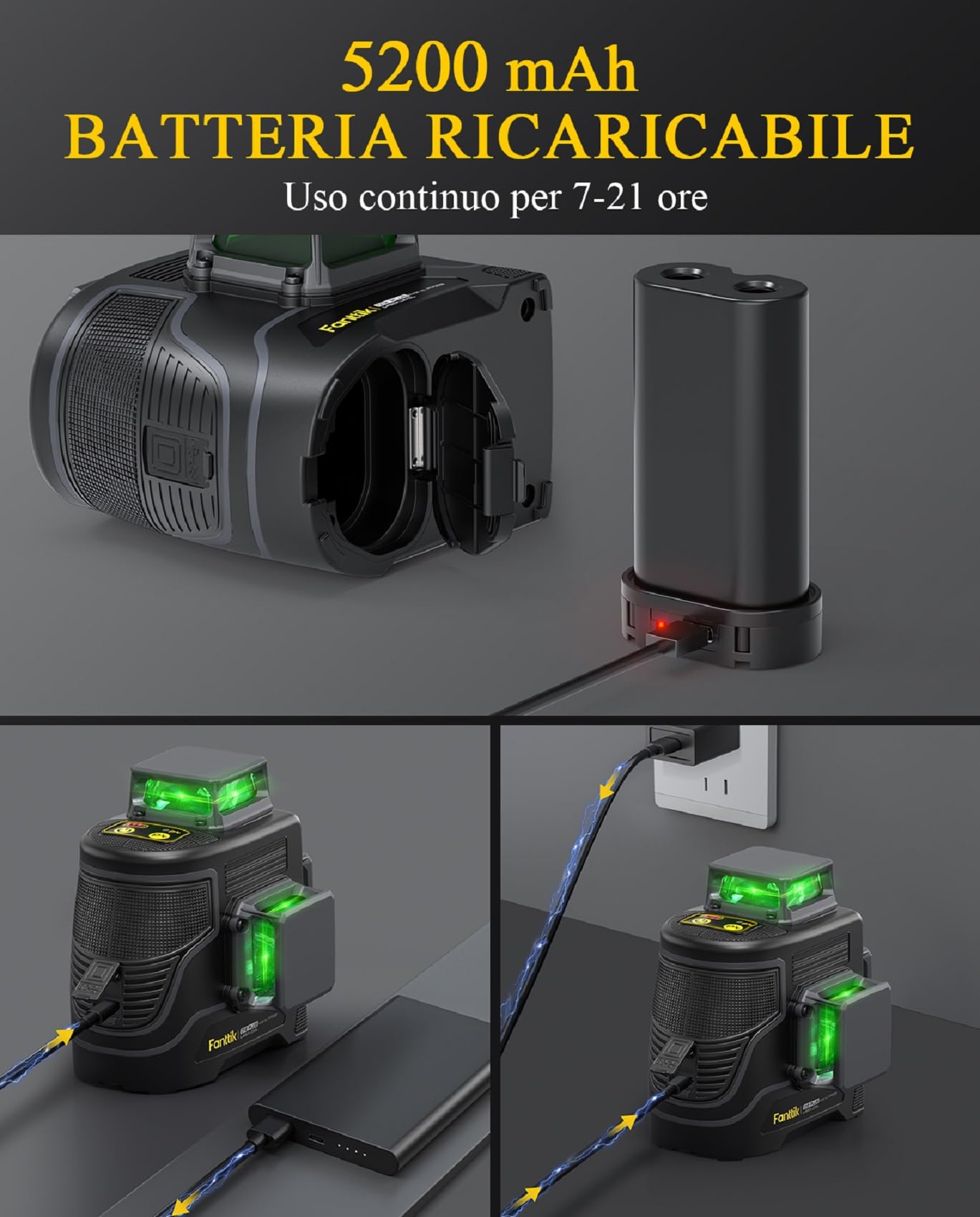Fanttik D12 PLUS Livella Laser Autolivellante 3×360°, Linea Croce Verde di Precisione 3D, Batteria Rimovibile da 5200 mAh, Staffa Magnetica, Custodia da Trasporto, per Costruire e Appendere Quadri