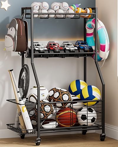 Equipo deportivo y estante de almacenamiento de juguetes con ruedas, organizador de bolas de 3 niveles para bolas, raquetas y equipo deportivo, gran