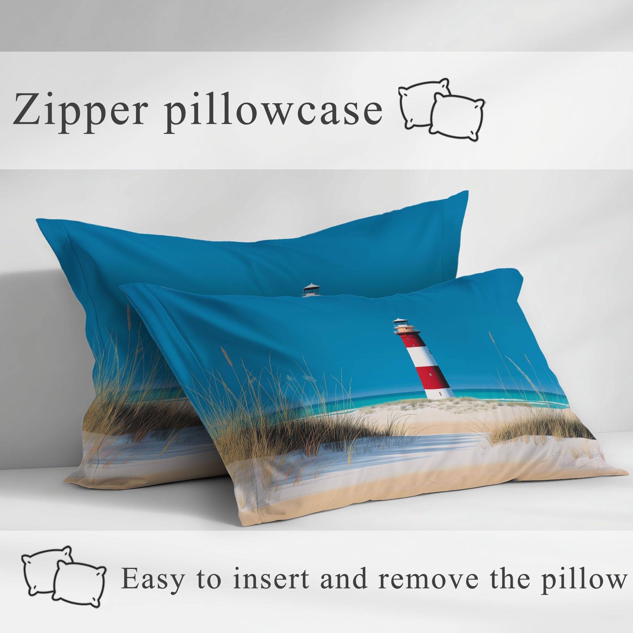 Blu Traspirante Lenzuolo Faro Dune di Sabbia Spiaggia Lenzuolas Iper-Realistico Minimalista Lenzuolo con angoli elasticizzati da 30 cm Naturale Calmo Oceano Morbido 160 x 190 x 30 per Bambini Adulti
