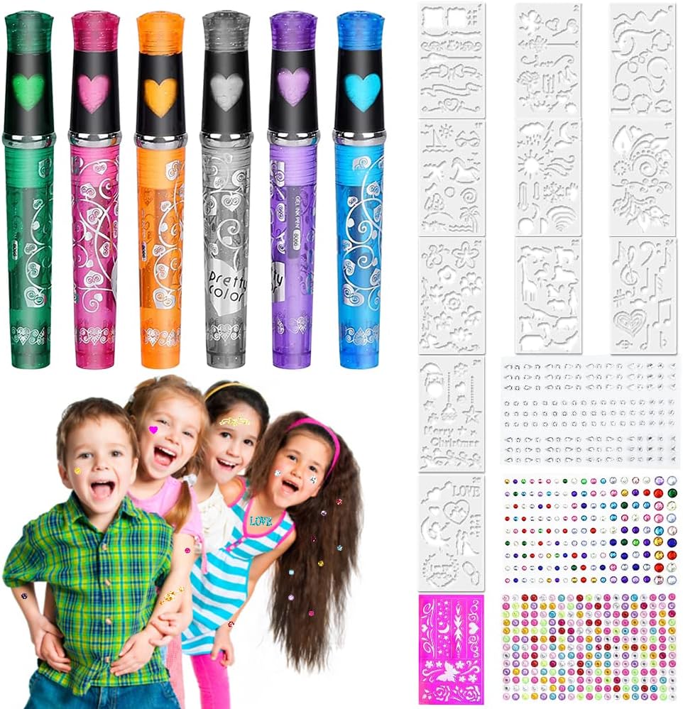 Tattoostifte für Kinder Wieder Abwaschbar,Tattoo Stifte für Die Haut mit Schablone,Glitzer
