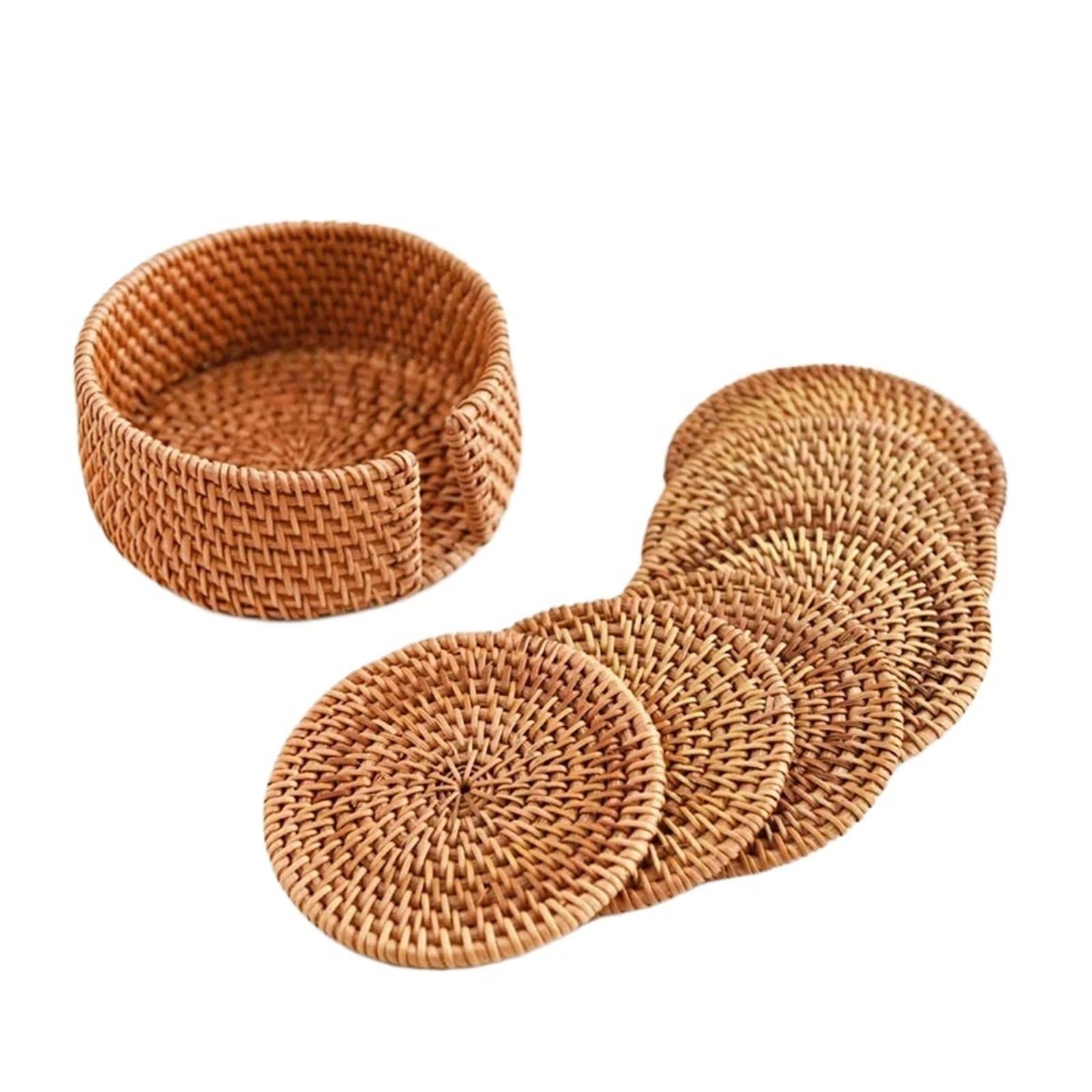 6 PCS Woven Rattan Coasters Set With Holder Table Mat Placemat Coffee Tea Cup Coaster Pot Bowl Pad Glass Base Kitchen Accessories For Drinks Home(13cm Set)