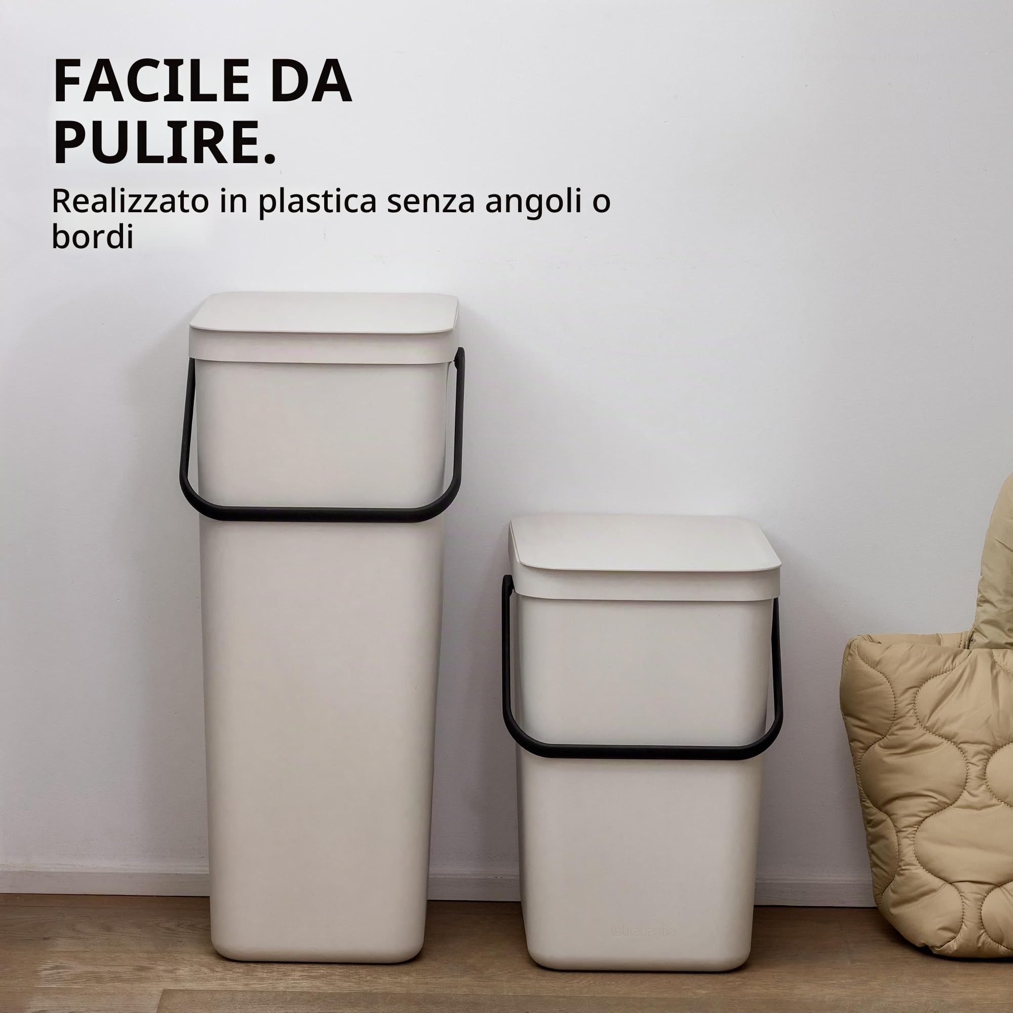 Brabantia Sort & Go Pattumiera 40L (Soft Beige), Pattumiera cucina in plastica con maniglia, Secchio spazzatura salvaspazio con coperchio stay open rimovibile, Cestino umido facile da pulire