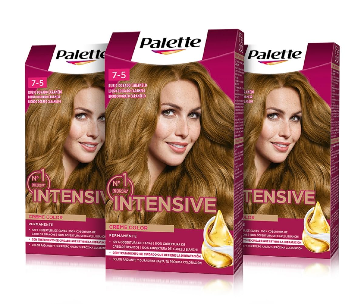 Palette Intensive Creme Color 7-5 Caramel Golden Blonde, Permanent Hair Color with Macadamia Oil and Almonds, Covers 100% Gray and Roots, for Radiant Hair, Pack 3