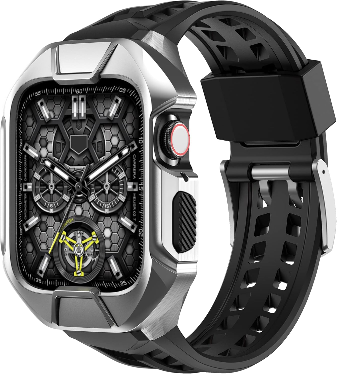 Wohben Rugged Armor Pro Compatible with Apple Watch Case with Band Series 7 (45mm) and Series 6/5/4/SE (44mm), Stainless Steel ShockProof TPU Strap Protective Cover 44mm Silver