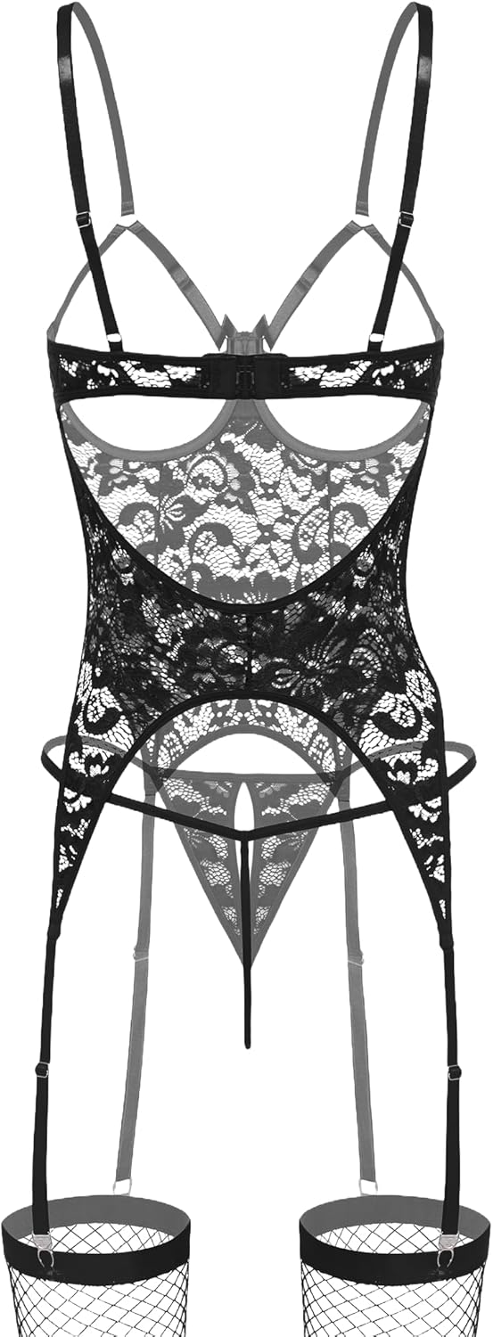 Avidlove Lingerie Sets for Women Underwire Lingerie Sexy Lace Cutout Bodysuit Garter Teddy with Fishnet Stockings - Image 3