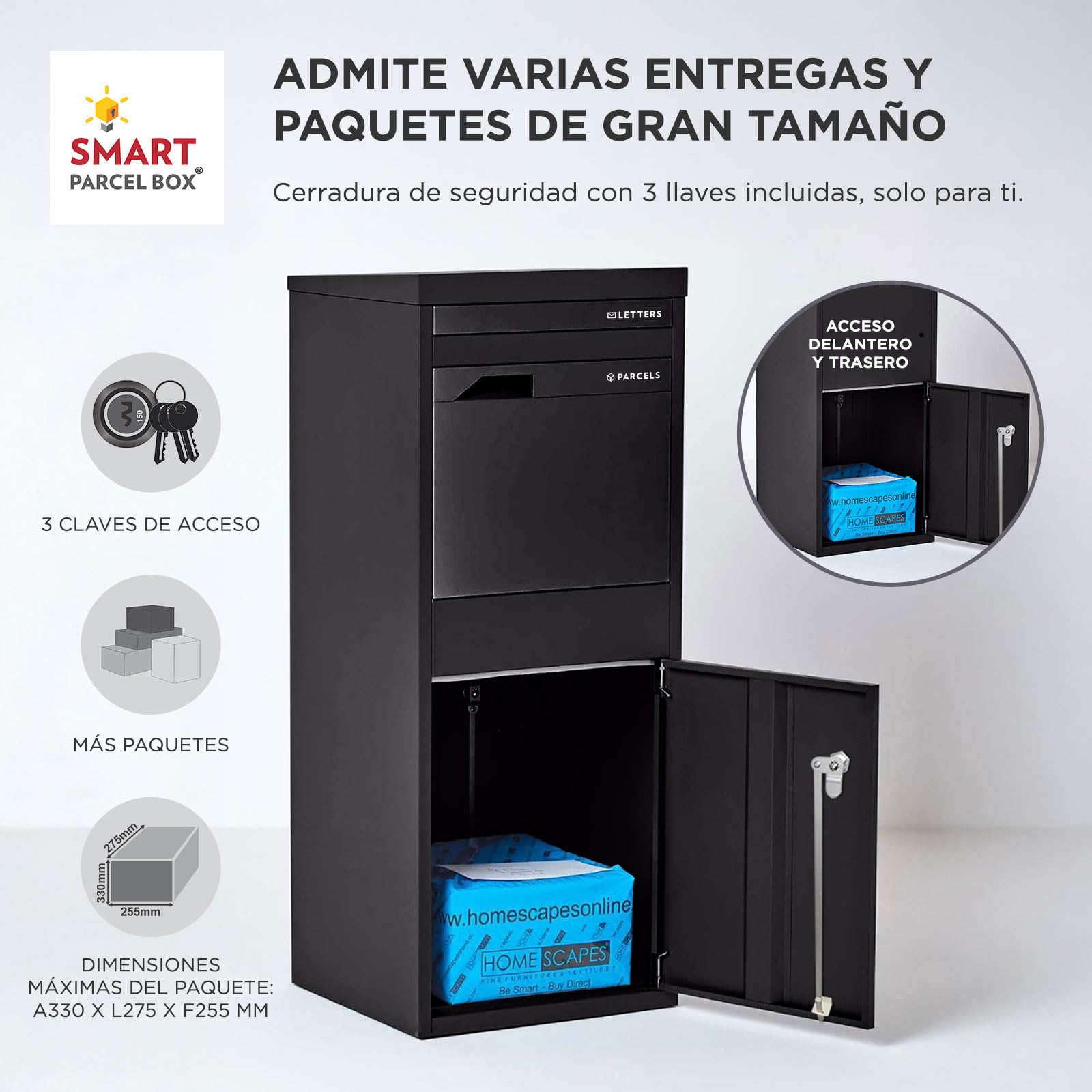 Smart Parcel Box - Buzón inteligente para paquetes tamaño grande, para entregas de compras en linea, con puertas de acceso delantera y trasera, montaje sobre suelo, pared o puerta