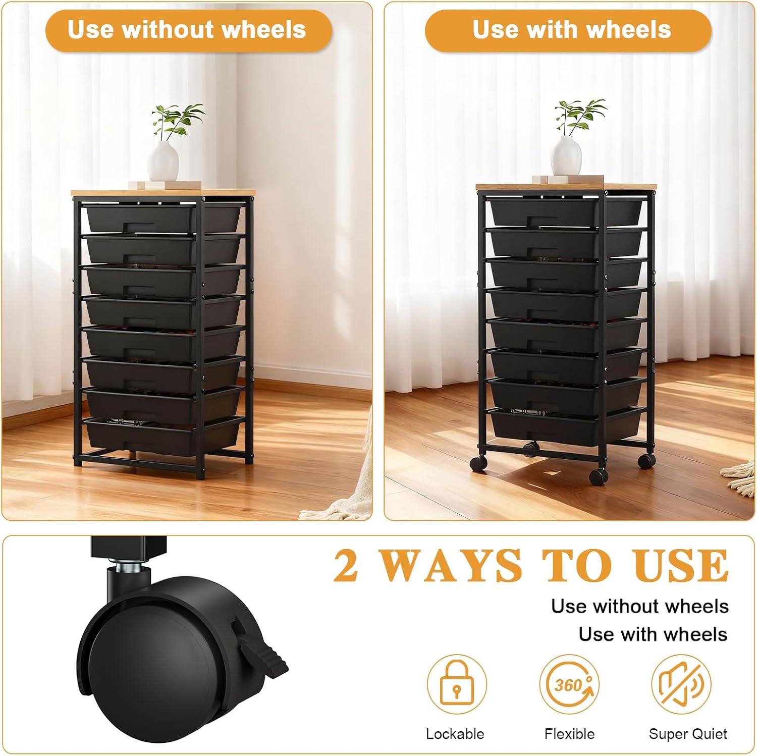 Rolling Storage Cart with 8 Drawers & Lockable Casters & Wooden Tabletop, Mobile Utility Organizer Cart Multi Drawer Storage Cabinet Steel Frame Craft Organizer for Home Office Classroom (Black)