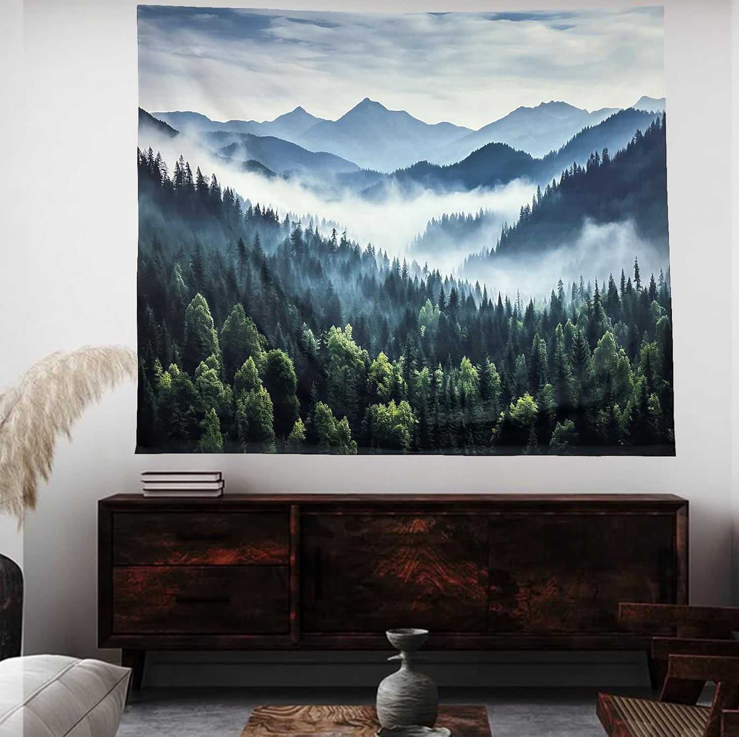 TUGCAY Misty Mountain Forest Tapestry Foggy Tree Tapestry Nature Scenery Landscape Wall Tapestries Aesthetic for Bedroom Living Room Dorm Office Decor 90 x 70 Inches