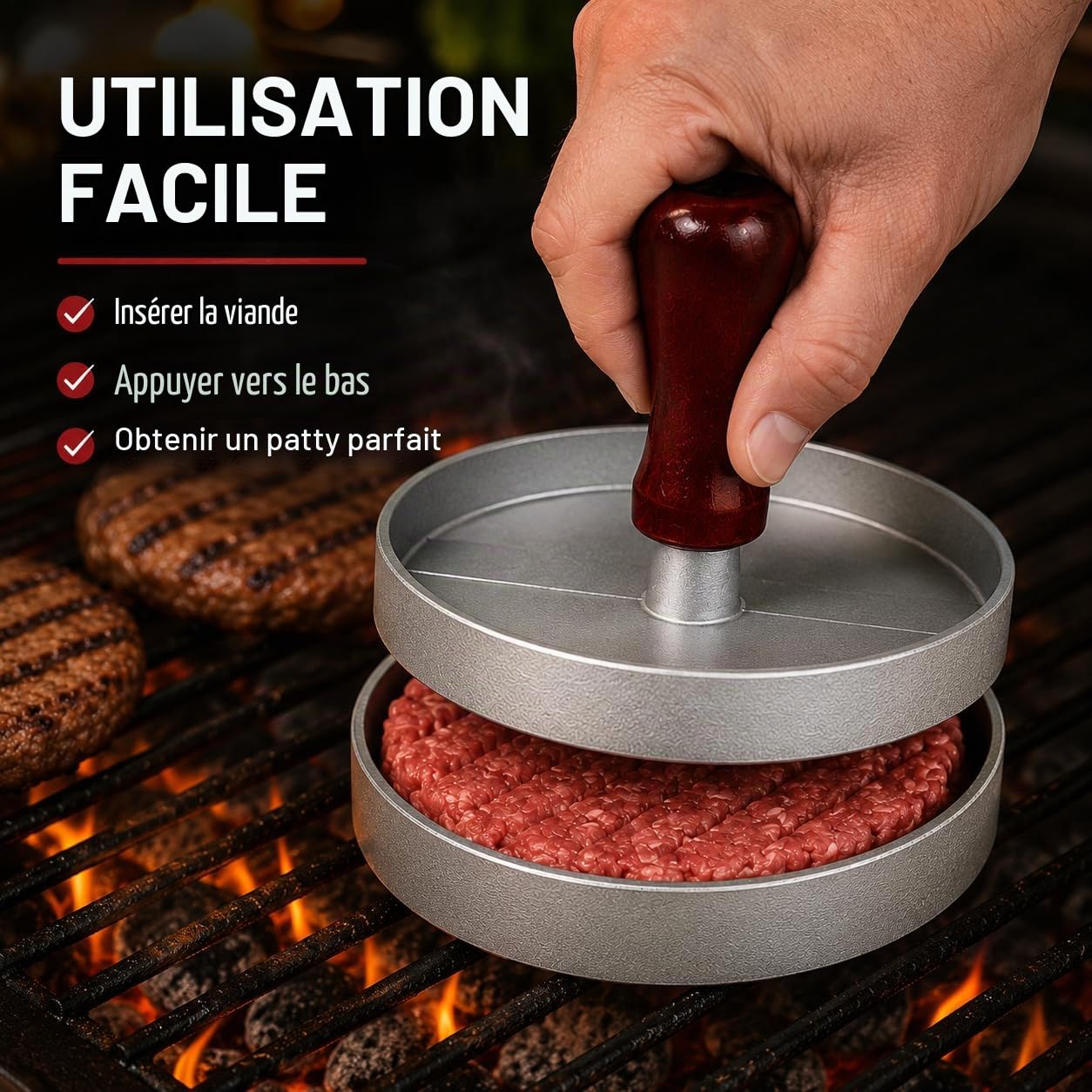 Kyto Presse à Burger Presse à Galette Moule à Hamburger avec 50 Feuilles de Papier sulfurisé Aluminium Patty Maker Accessoires BBQ Grill