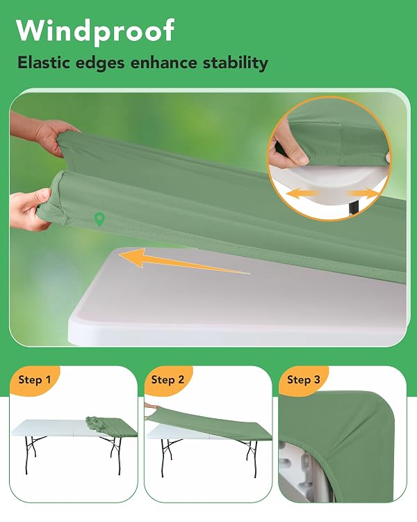 KeyWave Fitted Tablecloth Rectangle Table Cloths - 6 Pack 8 Foot Elastic Stretch Folding Table Top Cover Water-Resistant Reusable for Outdoor Picnic Camping Party Event, Sage Green, 96" L x 30" W by KeyWave - Used condition - Image 3