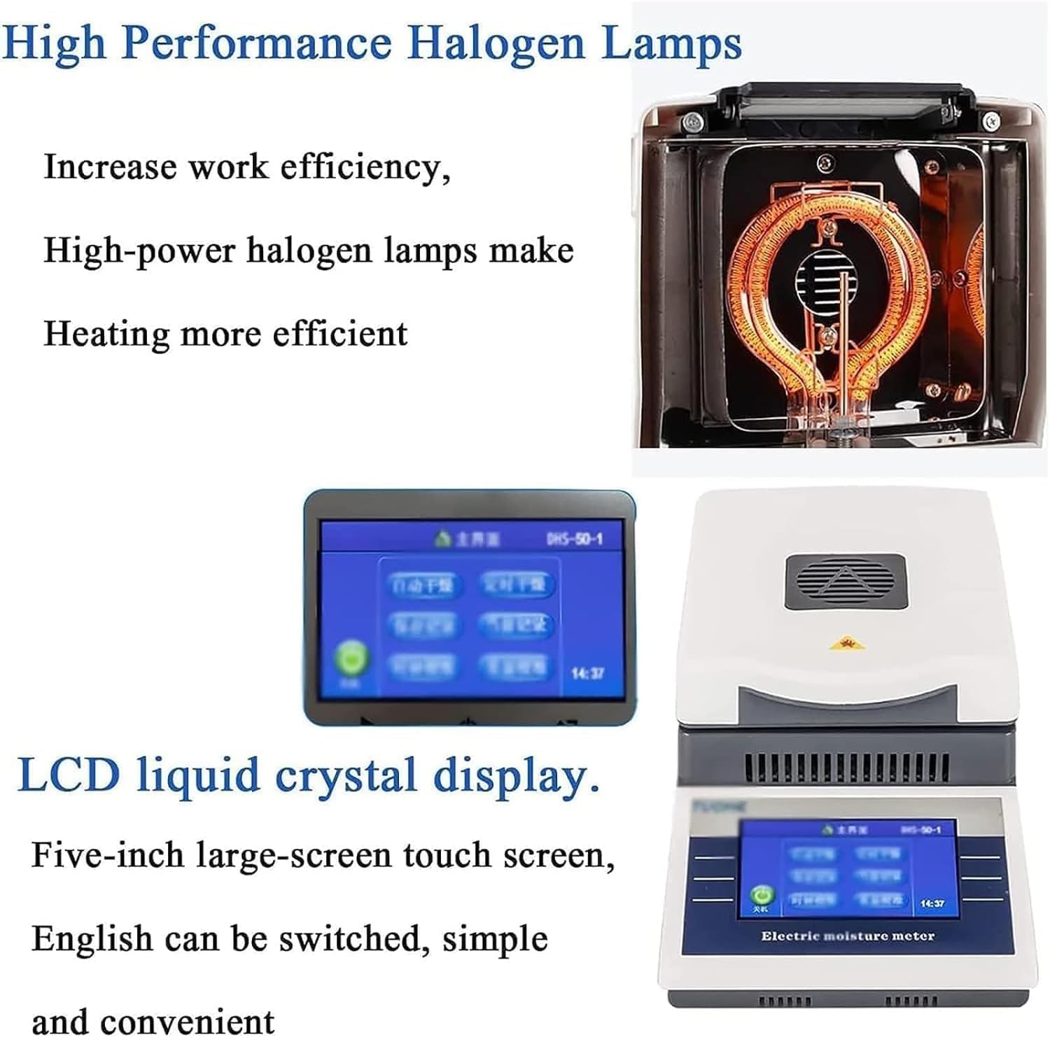Electronic Moisture Analyzer Tester, 50g / 0.001g Tester Halogen Moisture Meter, Fast Moisture Meter with Digital Touch Screen, 2 Drying Modes, Temperature Control 60-160 ℃, for Powder/herb/Tea.