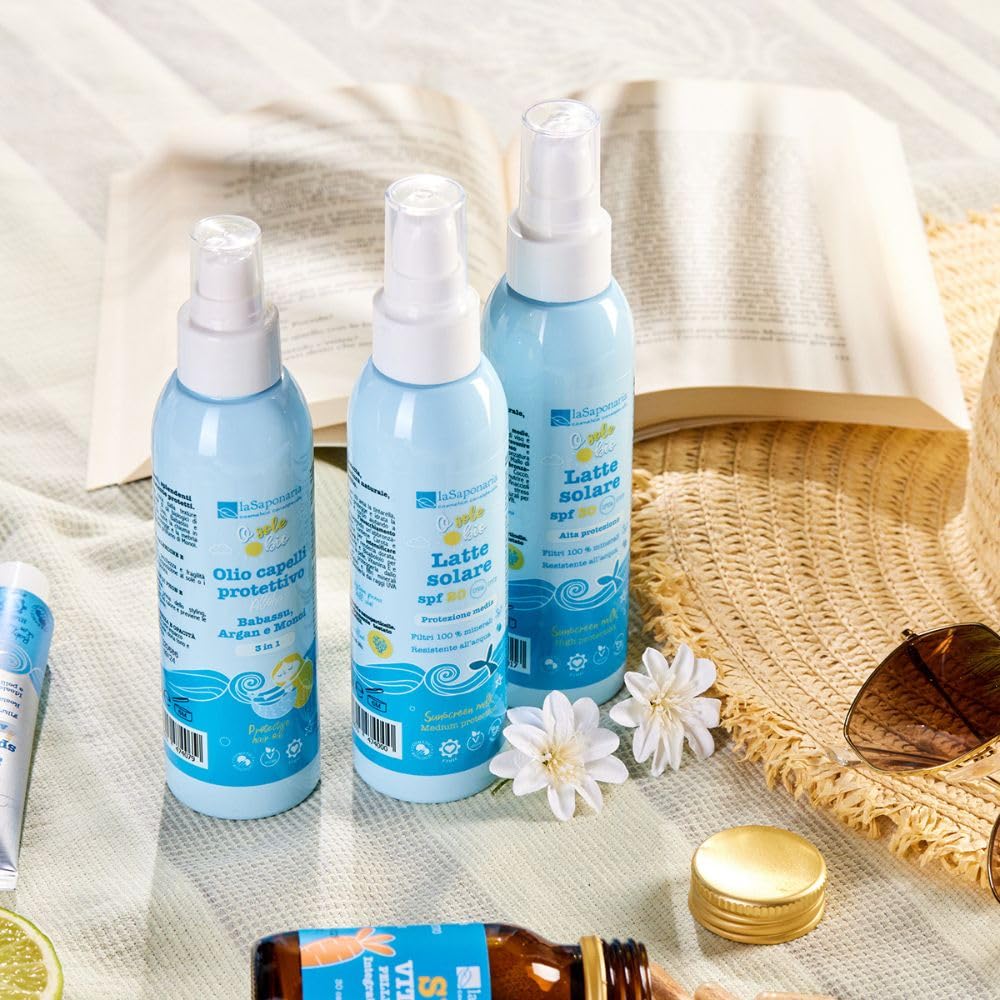 La Saponaria | Latte Solare con filtri fisici, protezione alta-media-bassa, con spray pratico, facile da spalmare e ideale per tutta la famiglia – 125 ml (50, Fattore di protezione solare (SPF))