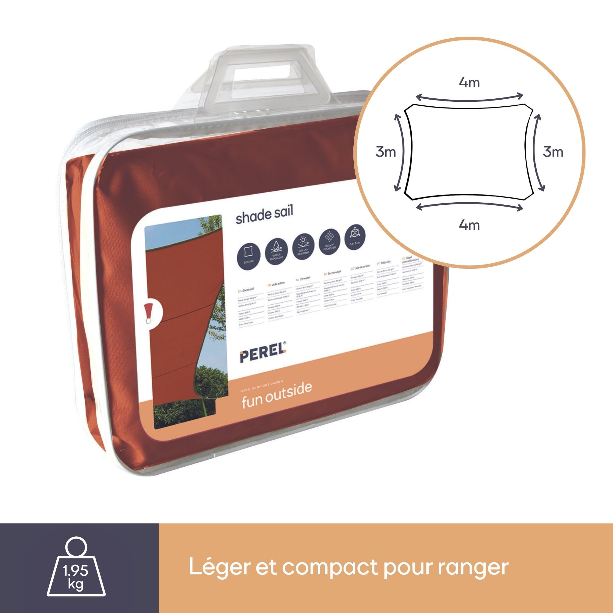 Perel Voile d’ombrage rectangulaire 4 × 3 m pour Jardin et terrasse, Polyester Respirant et déperlant 160 g/m², Protection UV 90%, Anneaux INOX, Terracotta