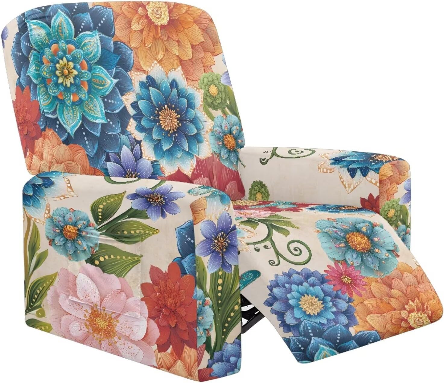 Boho Mandala Floral Print 4 Pieces Recliner Slipcovers, Soft Comfortable Spandex Sofa Couch Cover, Anti-Slip Furniture Protector with Elastic Band for Kids Cats Dogs