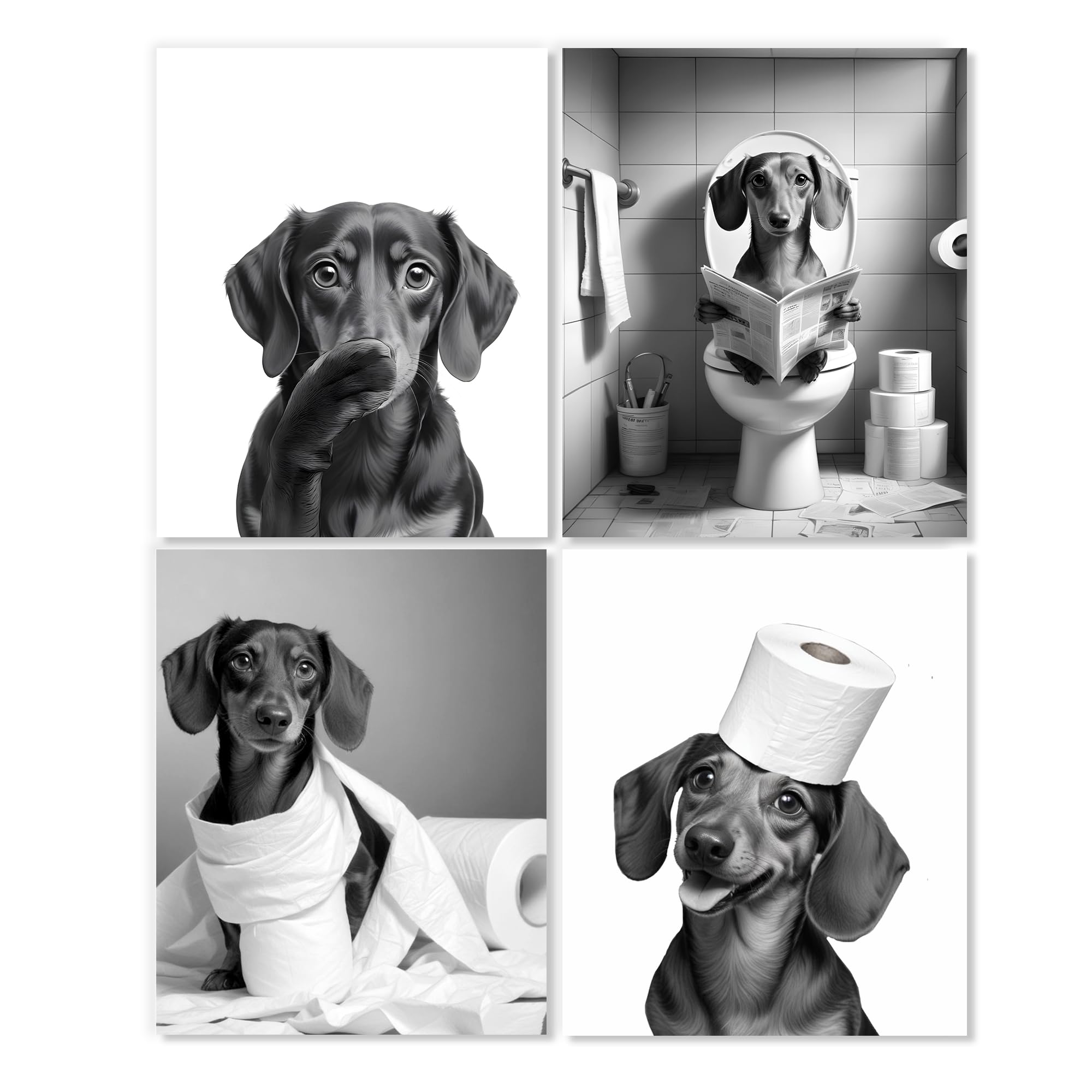 LUKIPOM Funny Dachshund Bathroom Wall Art Prints 8x10 Set of 4, Weiner Dog Decor, Funny Dachshund Doxie Dog Wall Art Posters for Bathroom Washroom