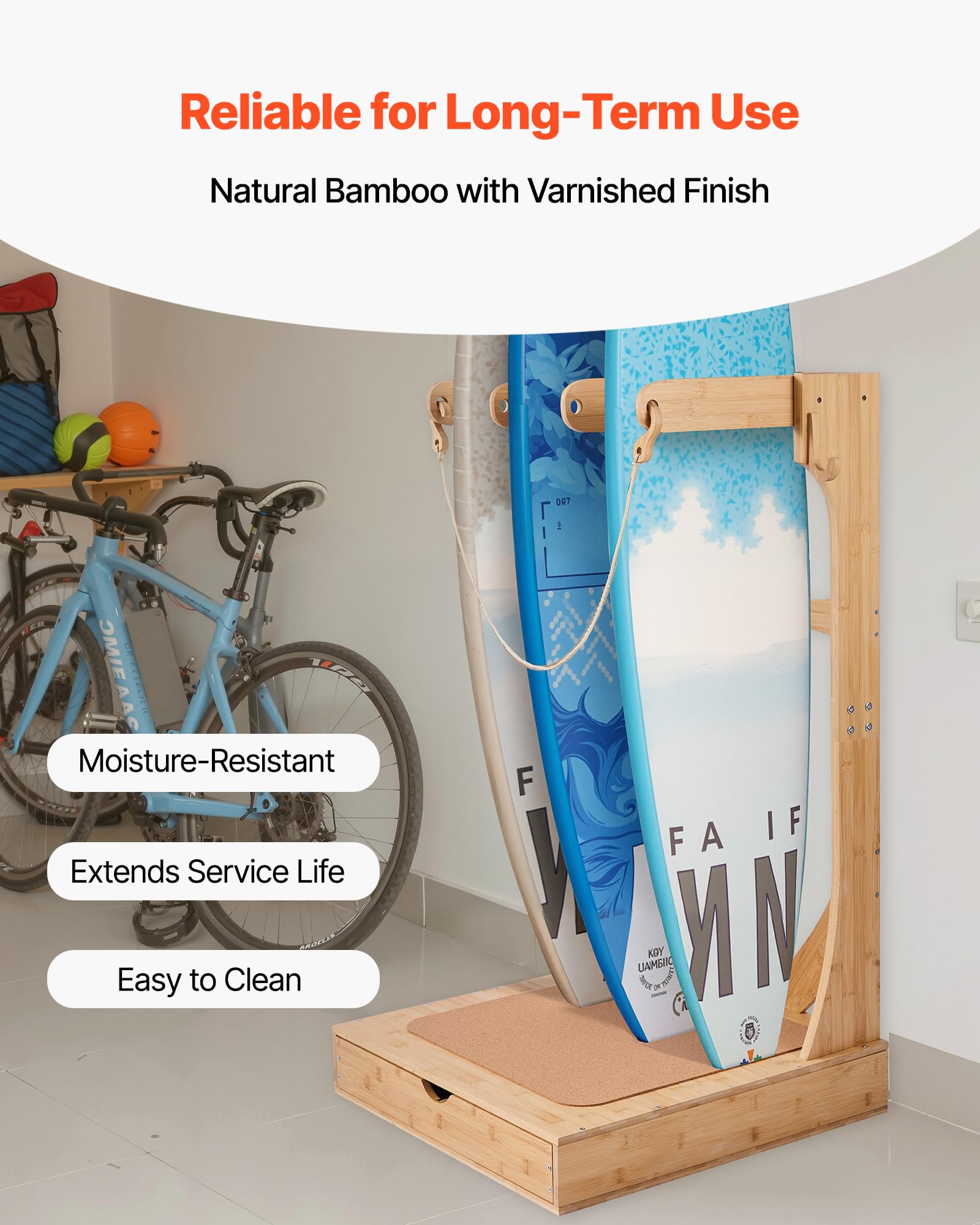 VEVOR Soporte Vertical para Tablas de Surf, Estante de Madera de 3 Niveles con Ganchos y Cajones