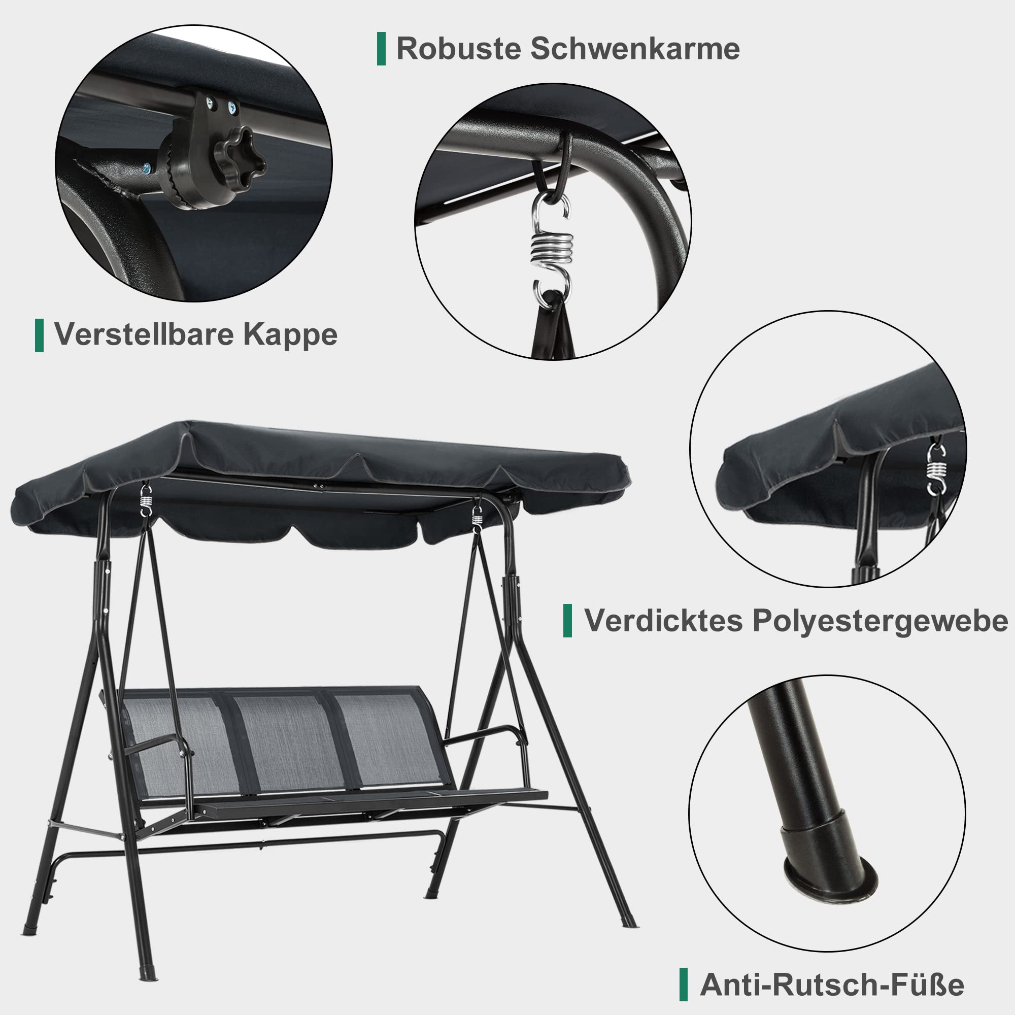 M MCombo 3-Sitzer Hollywoodschaukel Gartenschaukel Gartenliege Schaukelbank 8007(Grau)