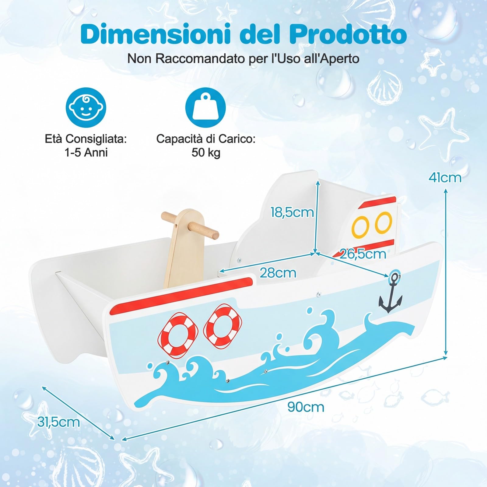 COSTWAY Cavallo a Dondolo per Bambini, Nave a Dondolo in Legno a Tema Nautico, Manici in Legno, Carico 50 kg, per Bambini 1-5 Anni