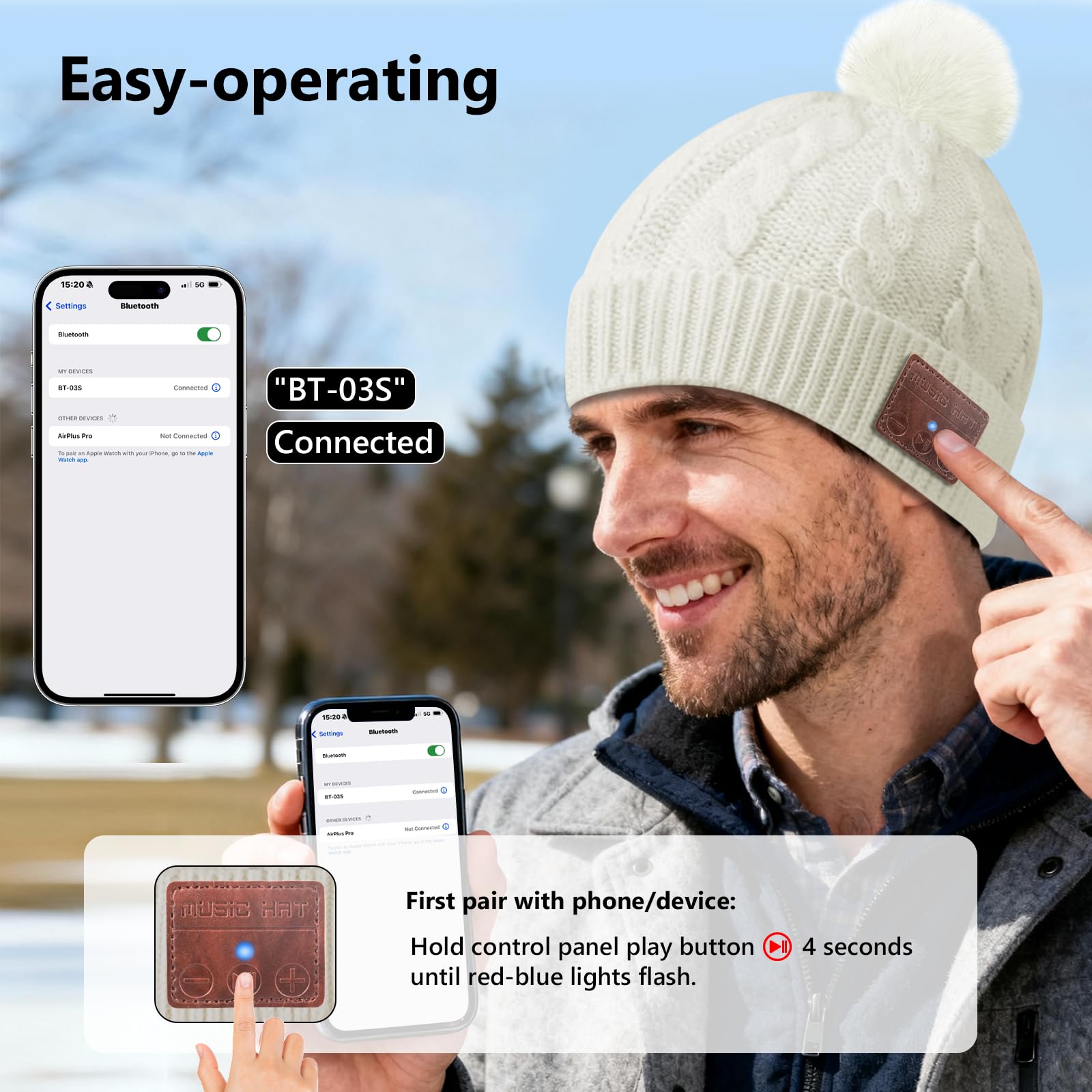 puersit Gorro Bluetooth 5.2 Hat Gifts, De Invierno Cálido y Suave con Música y Auriculares inalámbricos estéreo HD para al Aire, Regalo para Amigos y Familiares