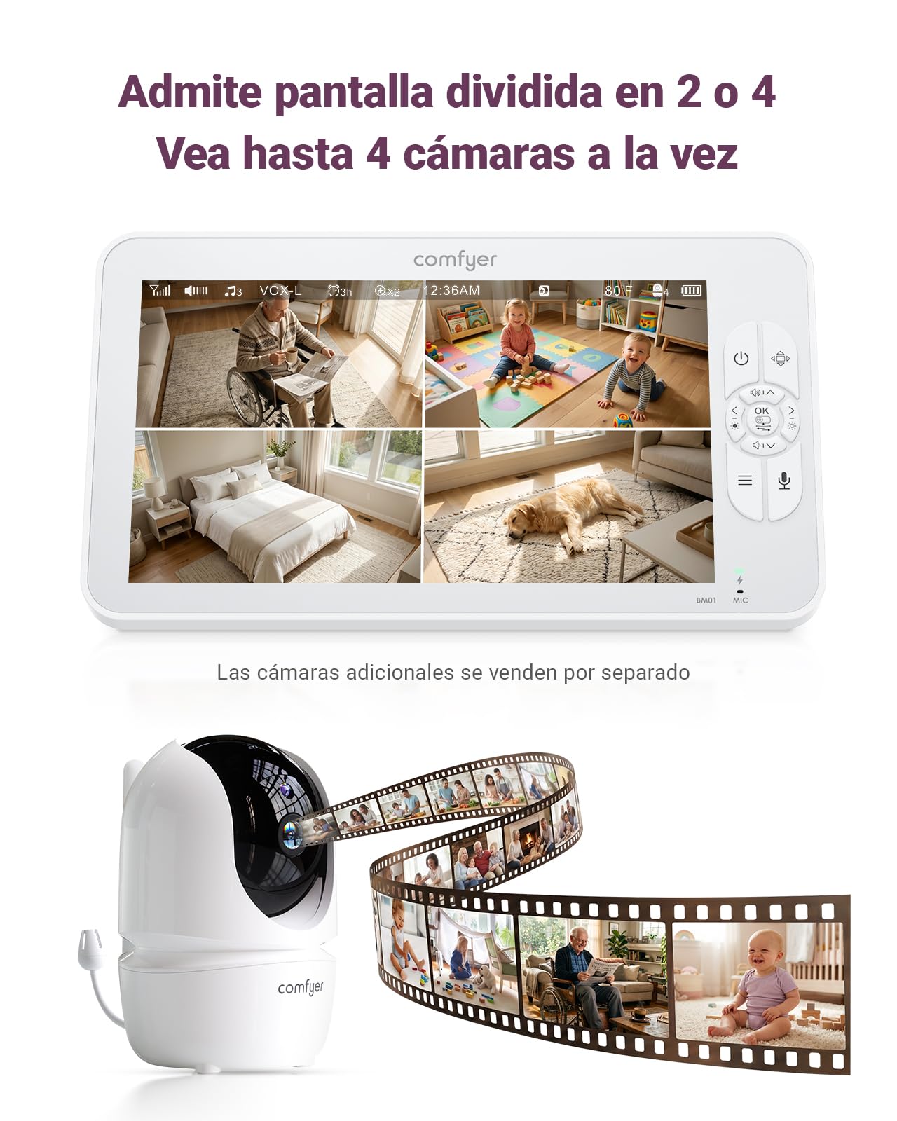 Comfyer BM01 Cámara Vigilancia Bebé con 2X cámara, 6000mAh, Pantalla LCD 7", Modo VOX con Alerta de Sonido, Zoom 2X/4X, visión Nocturna, monitoreo Temperatura, comunicación bidireccional para bebés